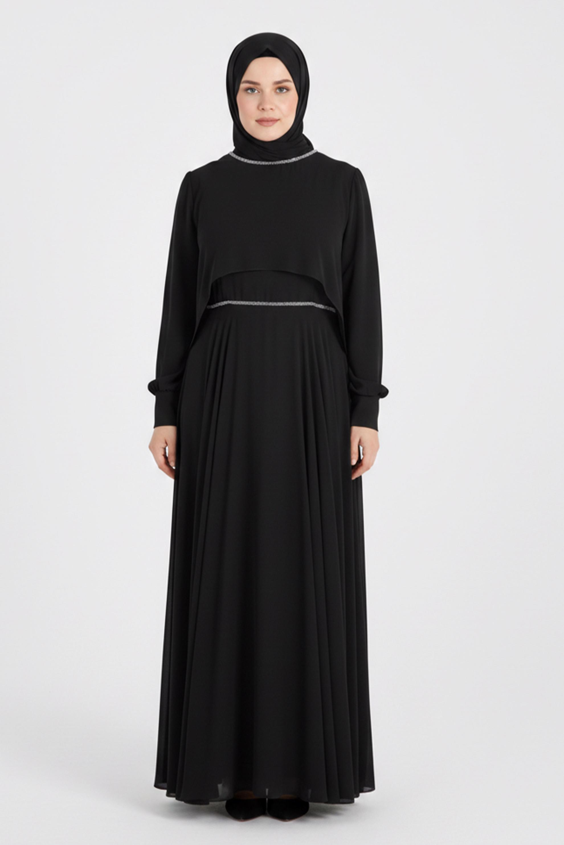 Tesettür giyim SİYAH TAŞ DETAYLI ŞİFON İKİLİ ABİYE ELBİSE 5323