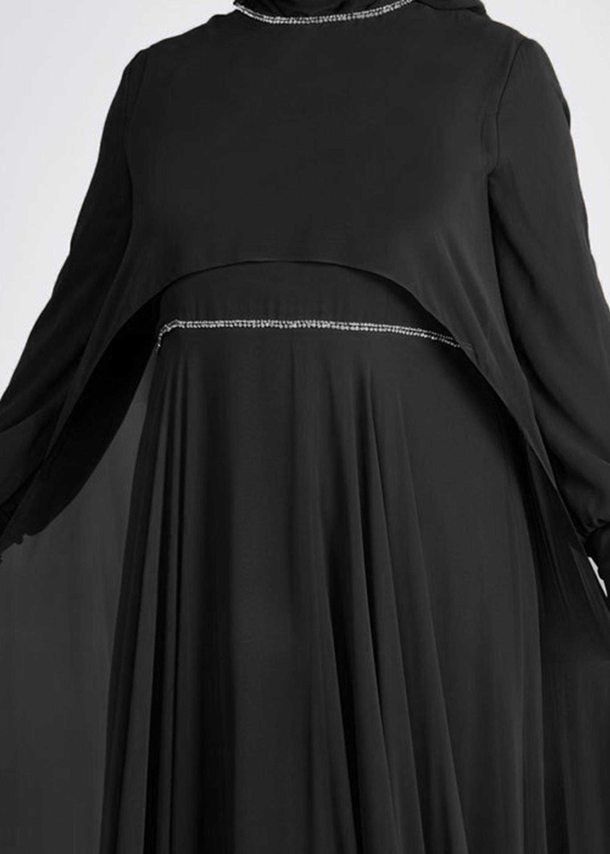 Tesettür giyim SİYAH TAŞ DETAYLI ŞİFON İKİLİ ABİYE ELBİSE 5323