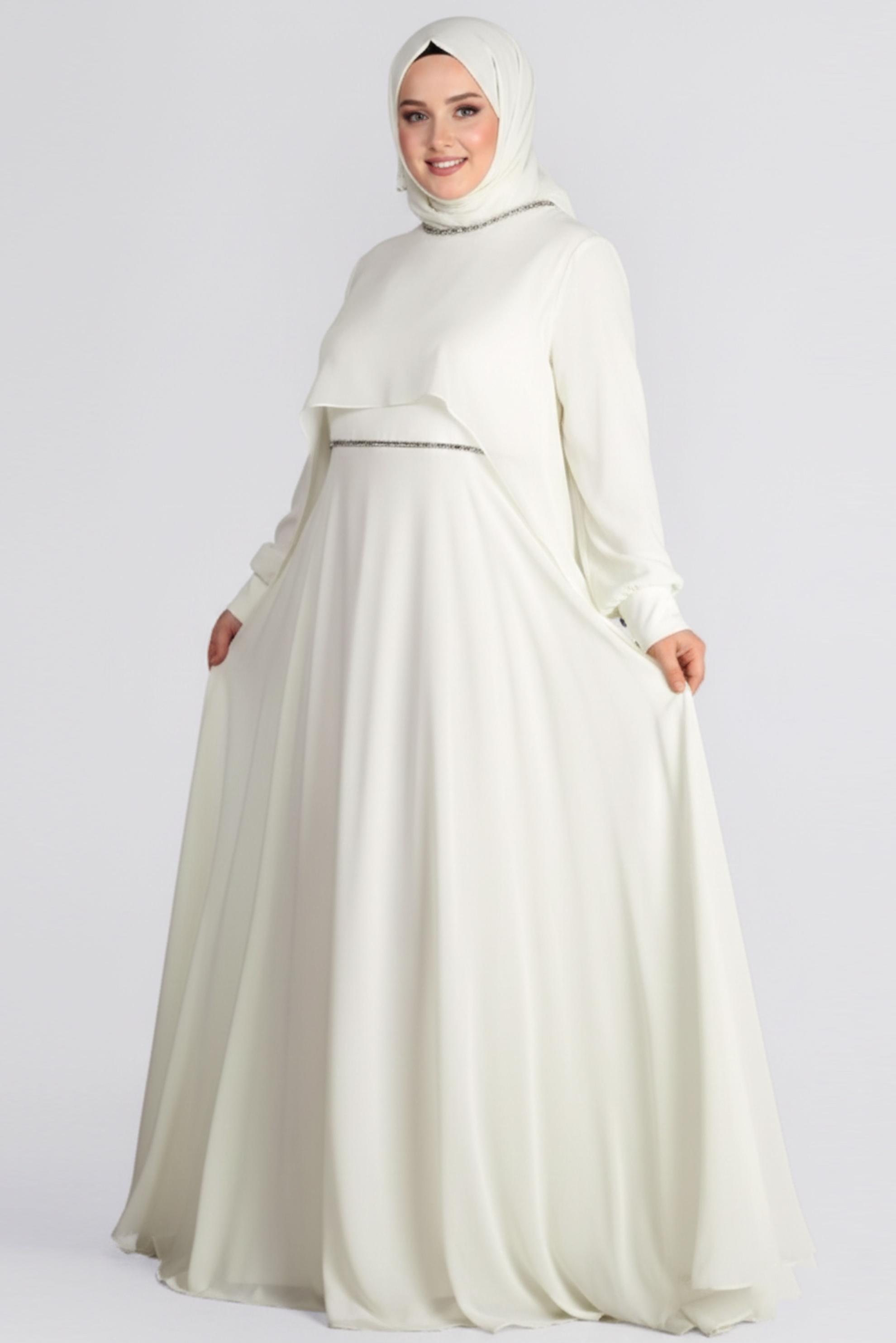 Tesettür giyim BEYAZ TAŞ DETAYLI ŞİFON İKİLİ ABİYE ELBİSE 5323