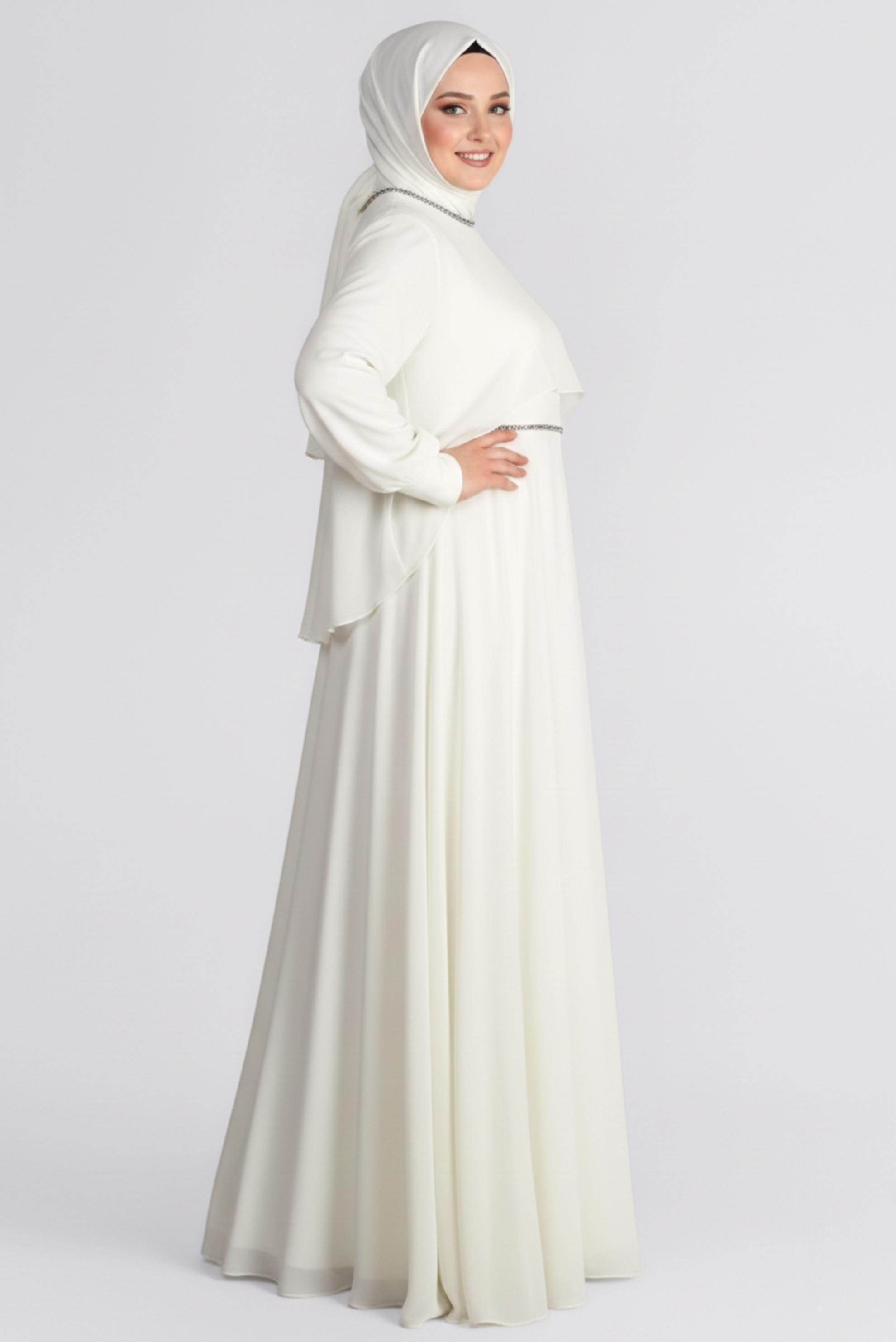 Tesettür giyim BEYAZ TAŞ DETAYLI ŞİFON İKİLİ ABİYE ELBİSE 5323