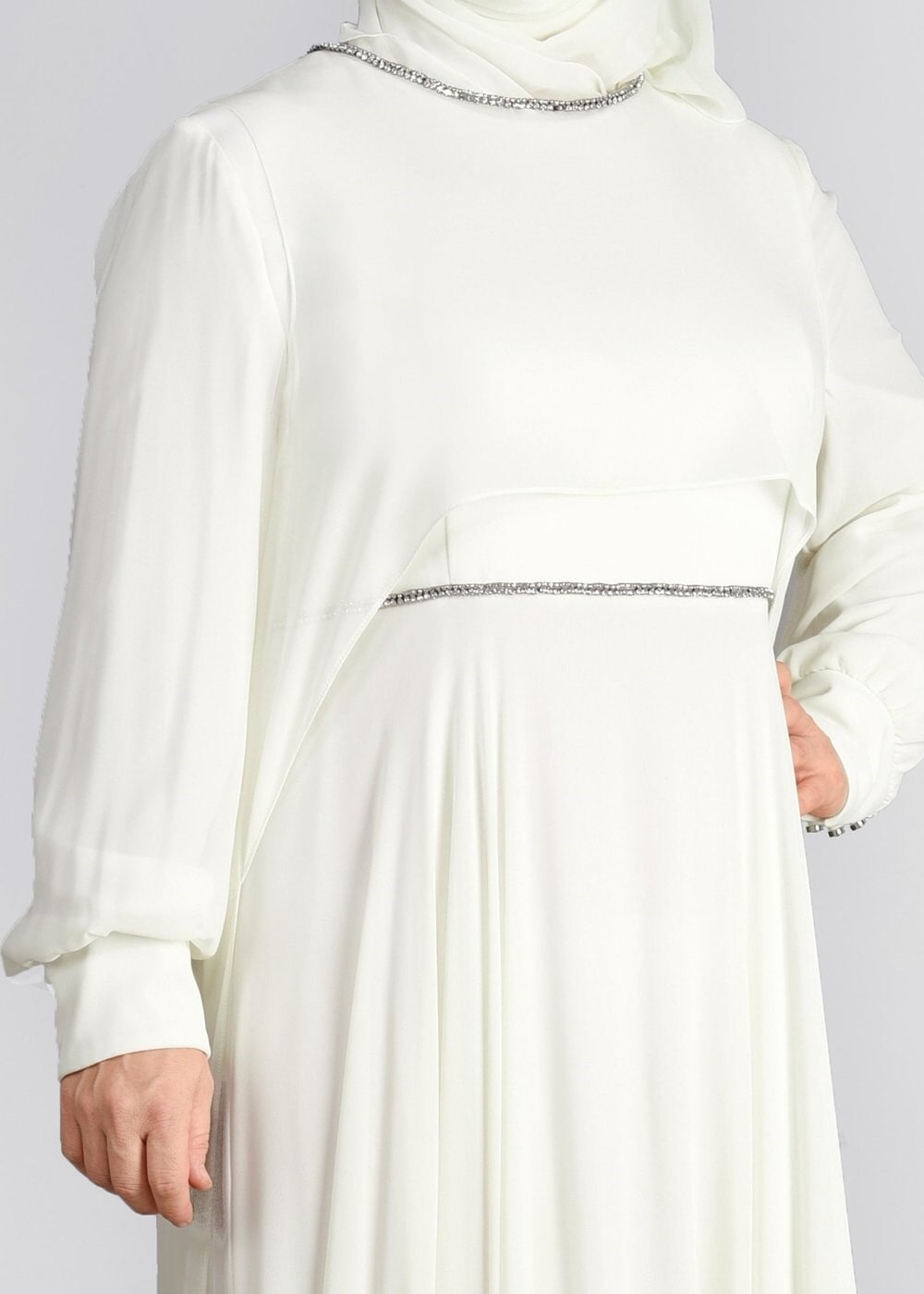 Tesettür giyim BEYAZ TAŞ DETAYLI ŞİFON İKİLİ ABİYE ELBİSE 5323