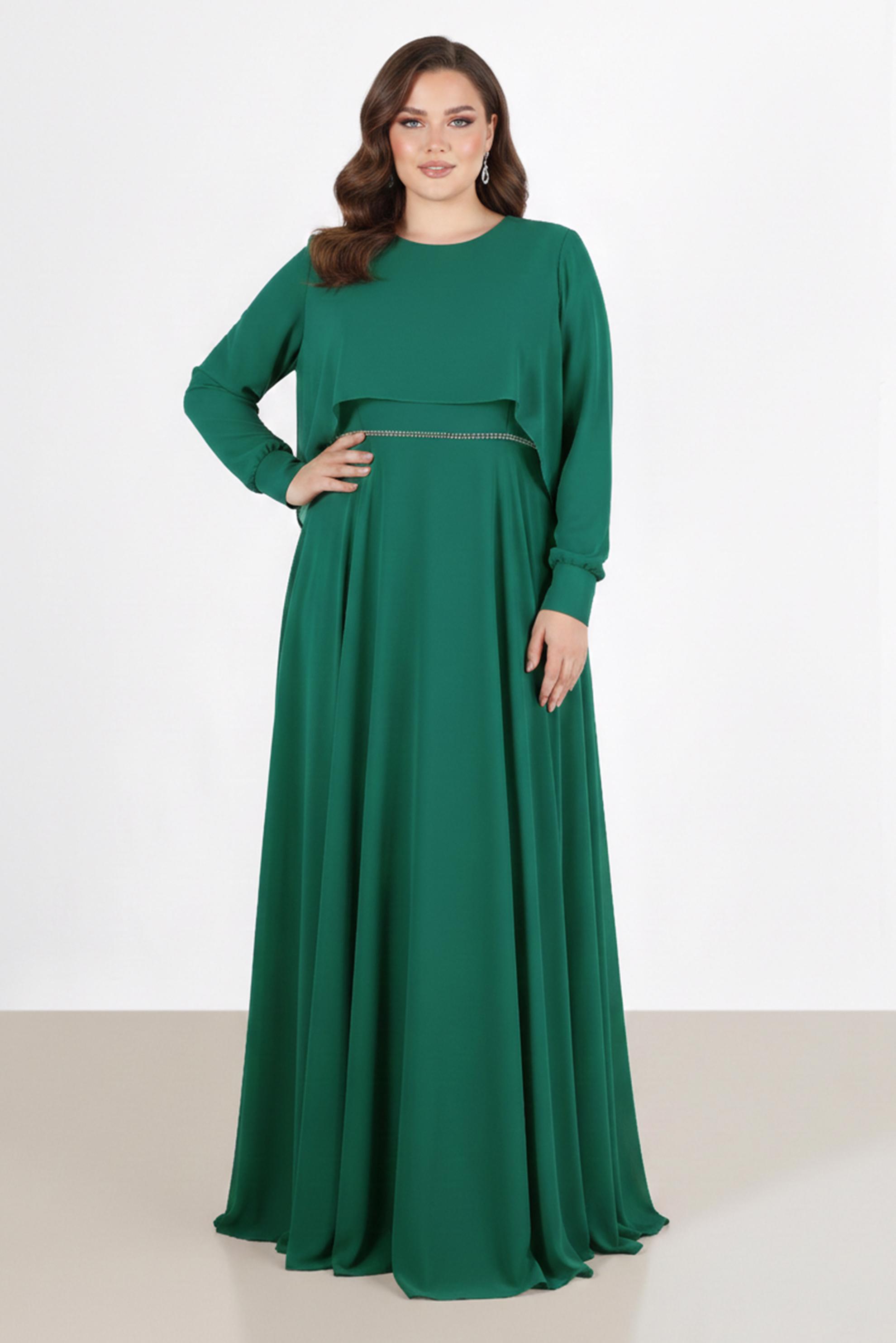 Tesettür giyim YEŞİL TAŞ DETAYLI ŞİFON İKİLİ ABİYE ELBİSE 5323