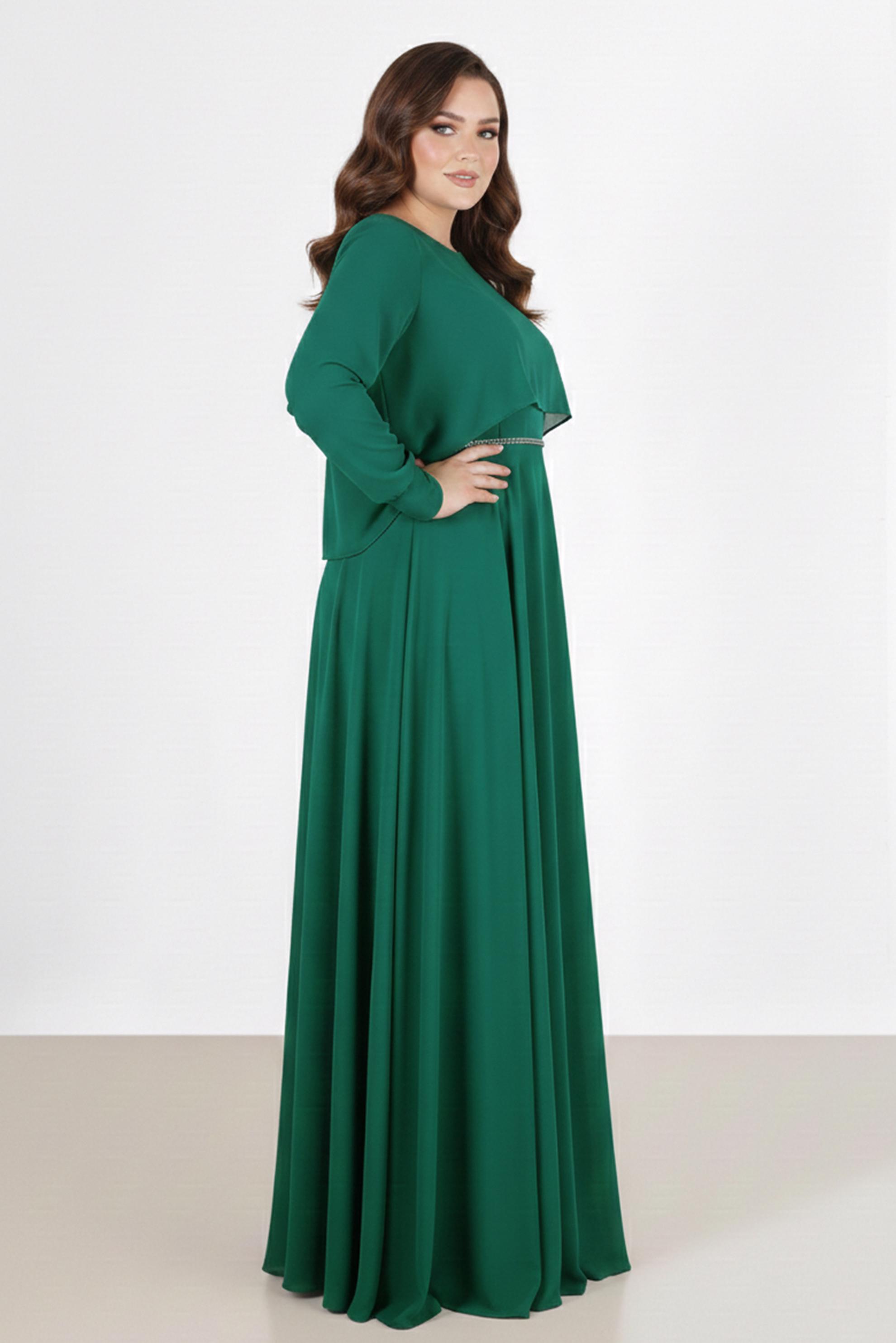 Tesettür giyim YEŞİL TAŞ DETAYLI ŞİFON İKİLİ ABİYE ELBİSE 5323