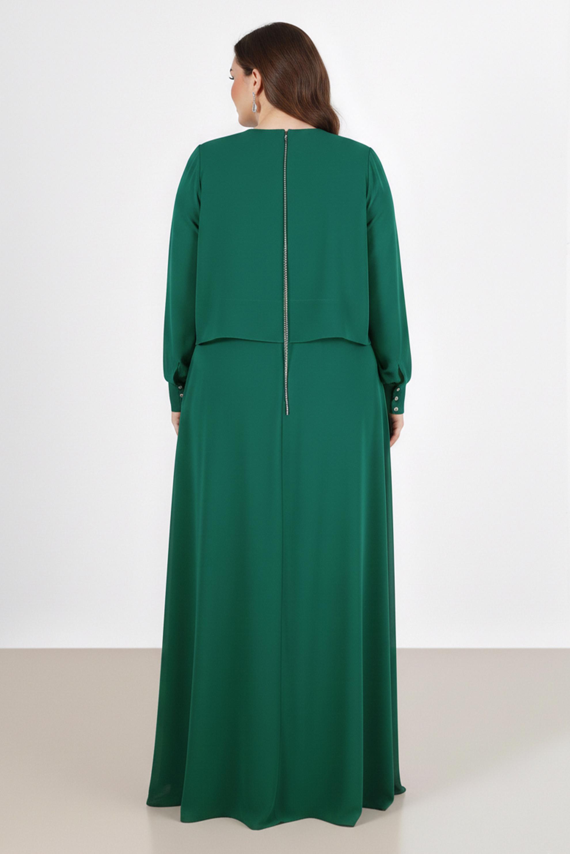 Tesettür giyim YEŞİL TAŞ DETAYLI ŞİFON İKİLİ ABİYE ELBİSE 5323