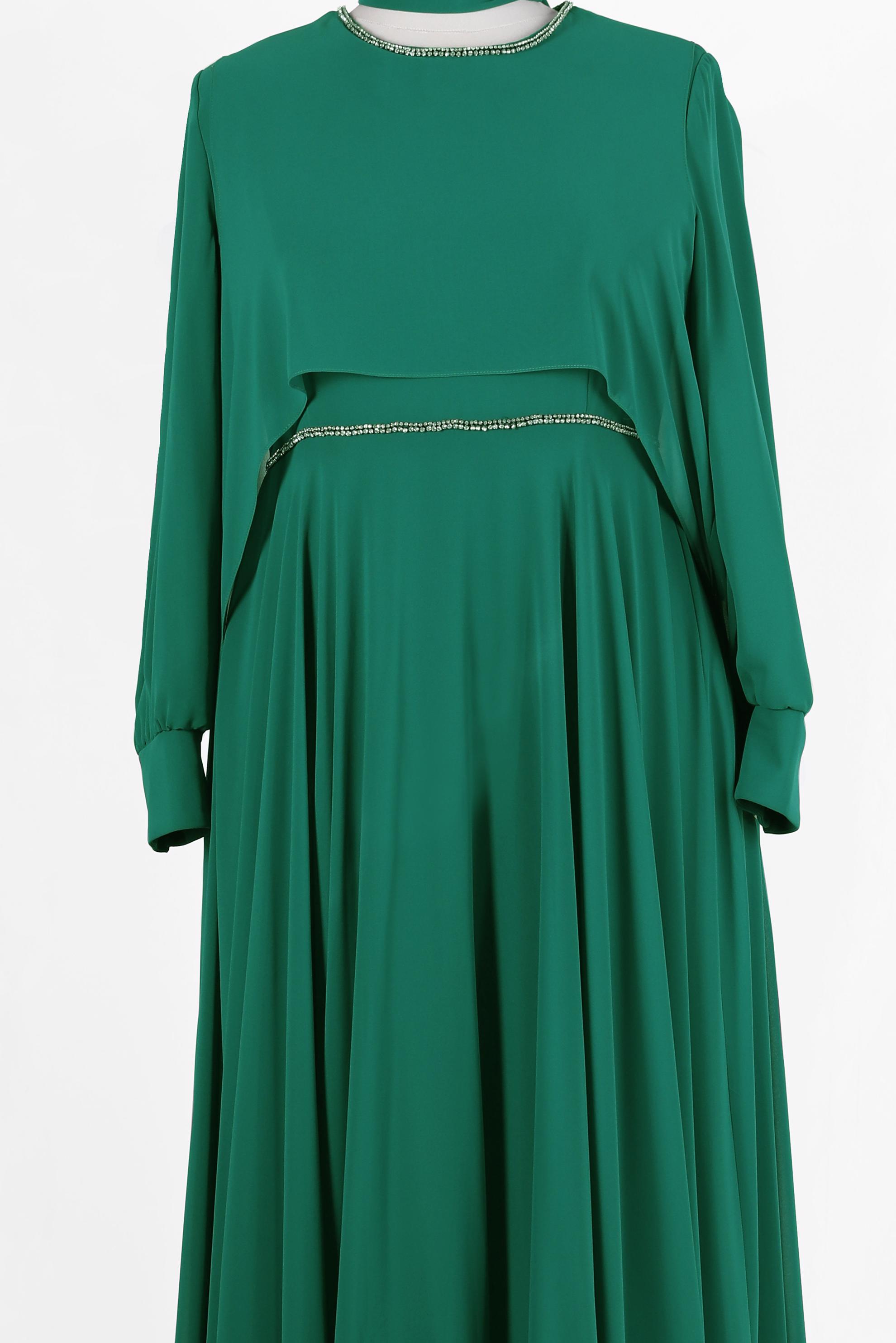 Tesettür giyim YEŞİL TAŞ DETAYLI ŞİFON İKİLİ ABİYE ELBİSE 5323