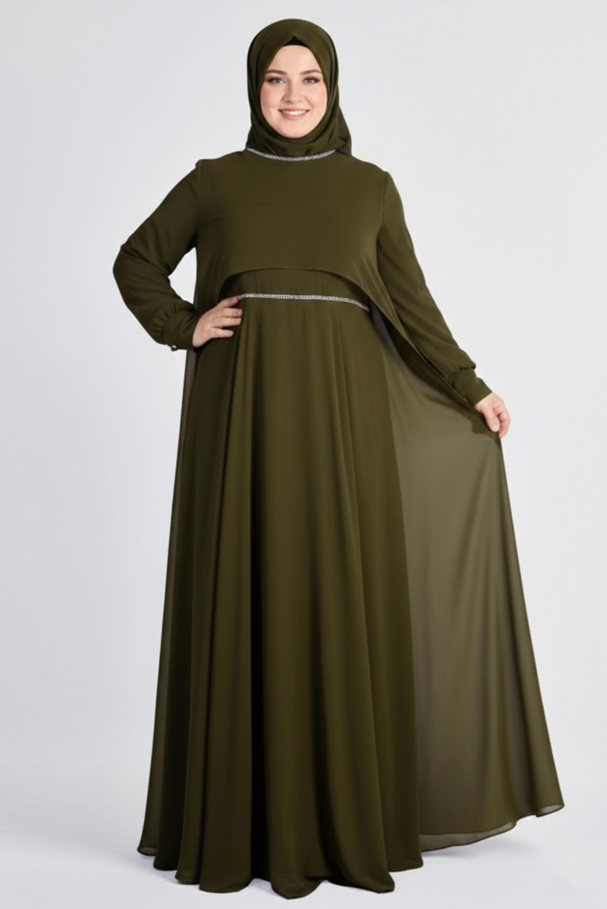 Tesettür giyim HAKİ TAŞ DETAYLI ŞİFON İKİLİ ABİYE ELBİSE 5323