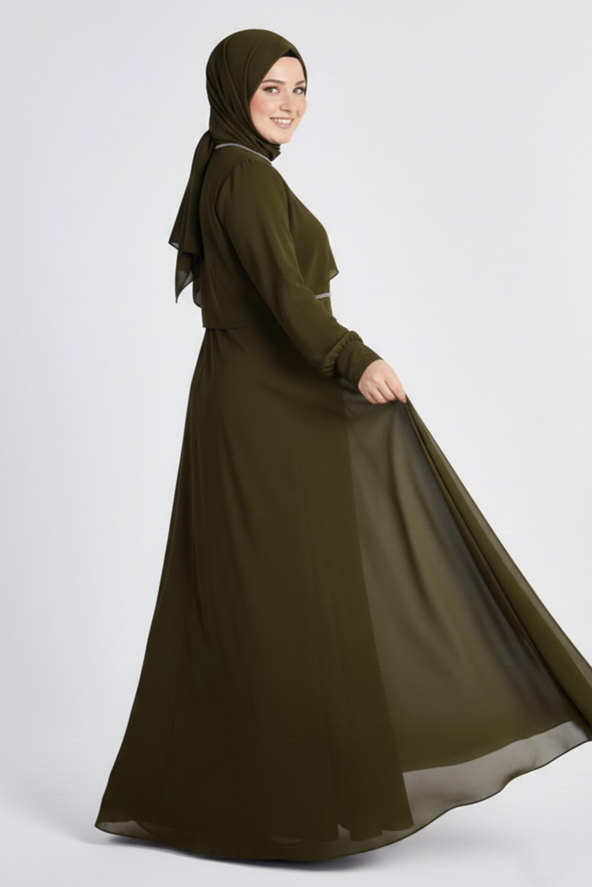 Tesettür giyim HAKİ TAŞ DETAYLI ŞİFON İKİLİ ABİYE ELBİSE 5323