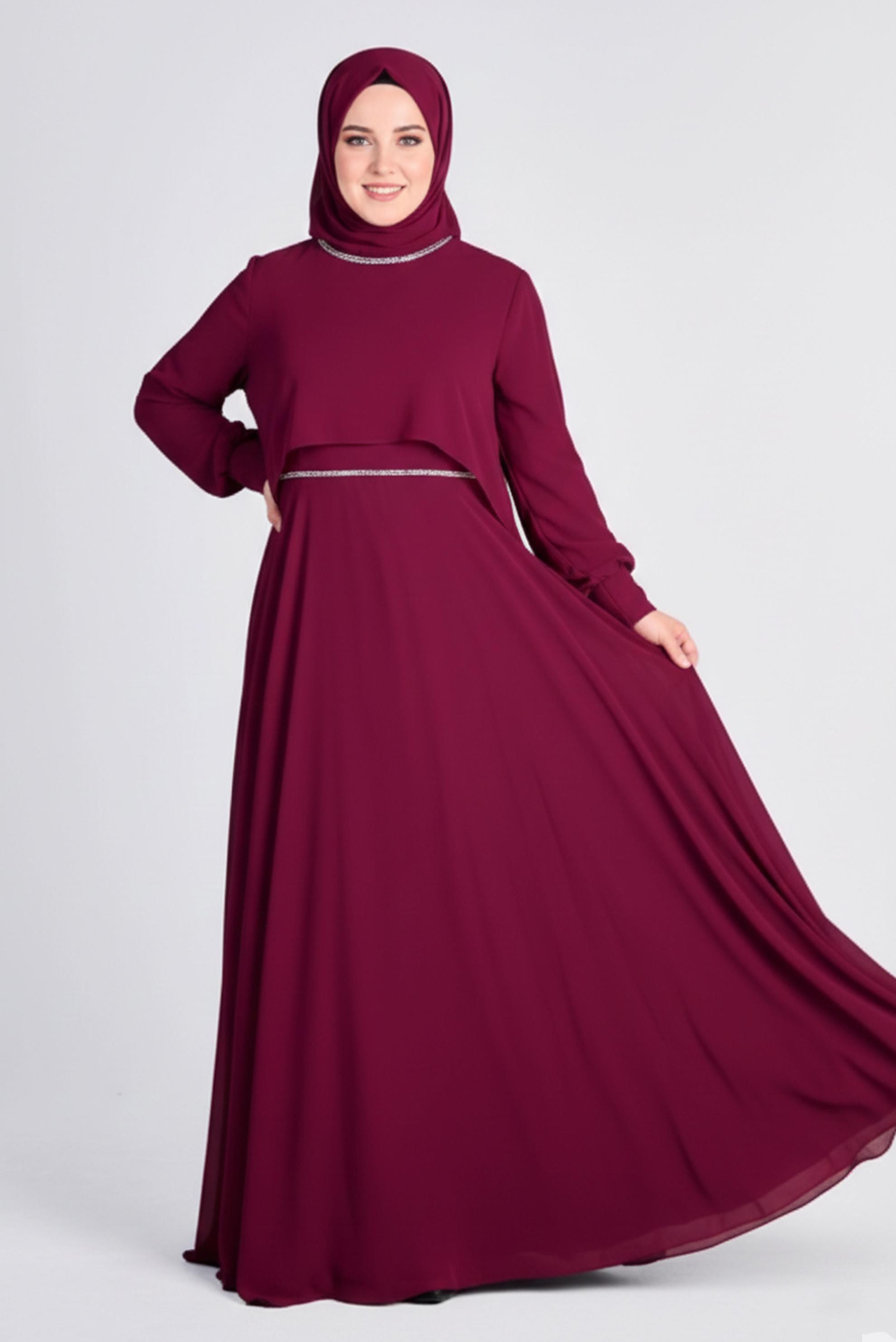 Tesettür giyim MÜRDÜM TAŞ DETAYLI ŞİFON İKİLİ ABİYE ELBİSE 5323