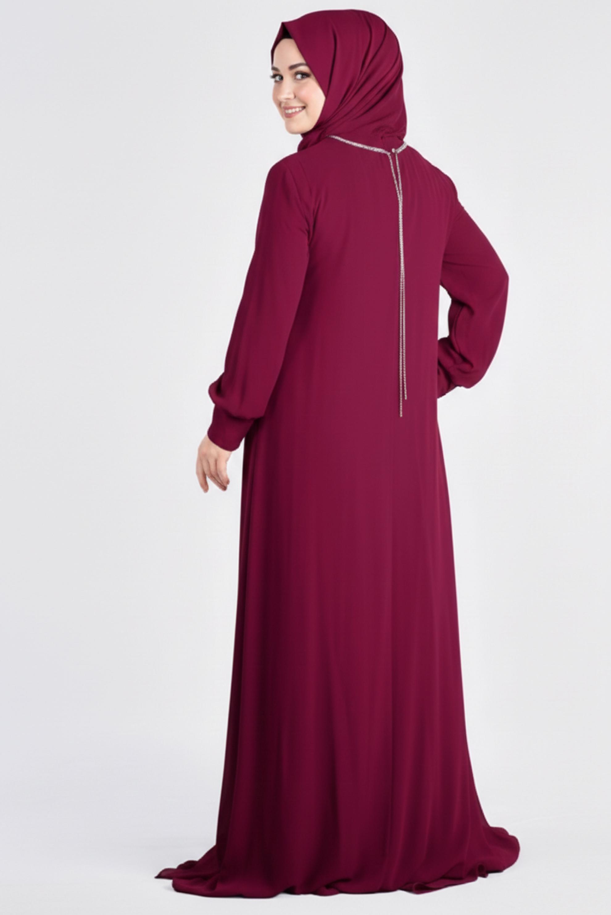 Tesettür giyim MÜRDÜM TAŞ DETAYLI ŞİFON İKİLİ ABİYE ELBİSE 5323