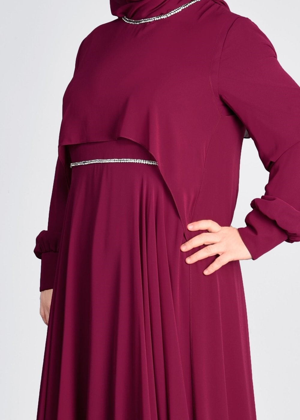 Tesettür giyim MÜRDÜM TAŞ DETAYLI ŞİFON İKİLİ ABİYE ELBİSE 5323