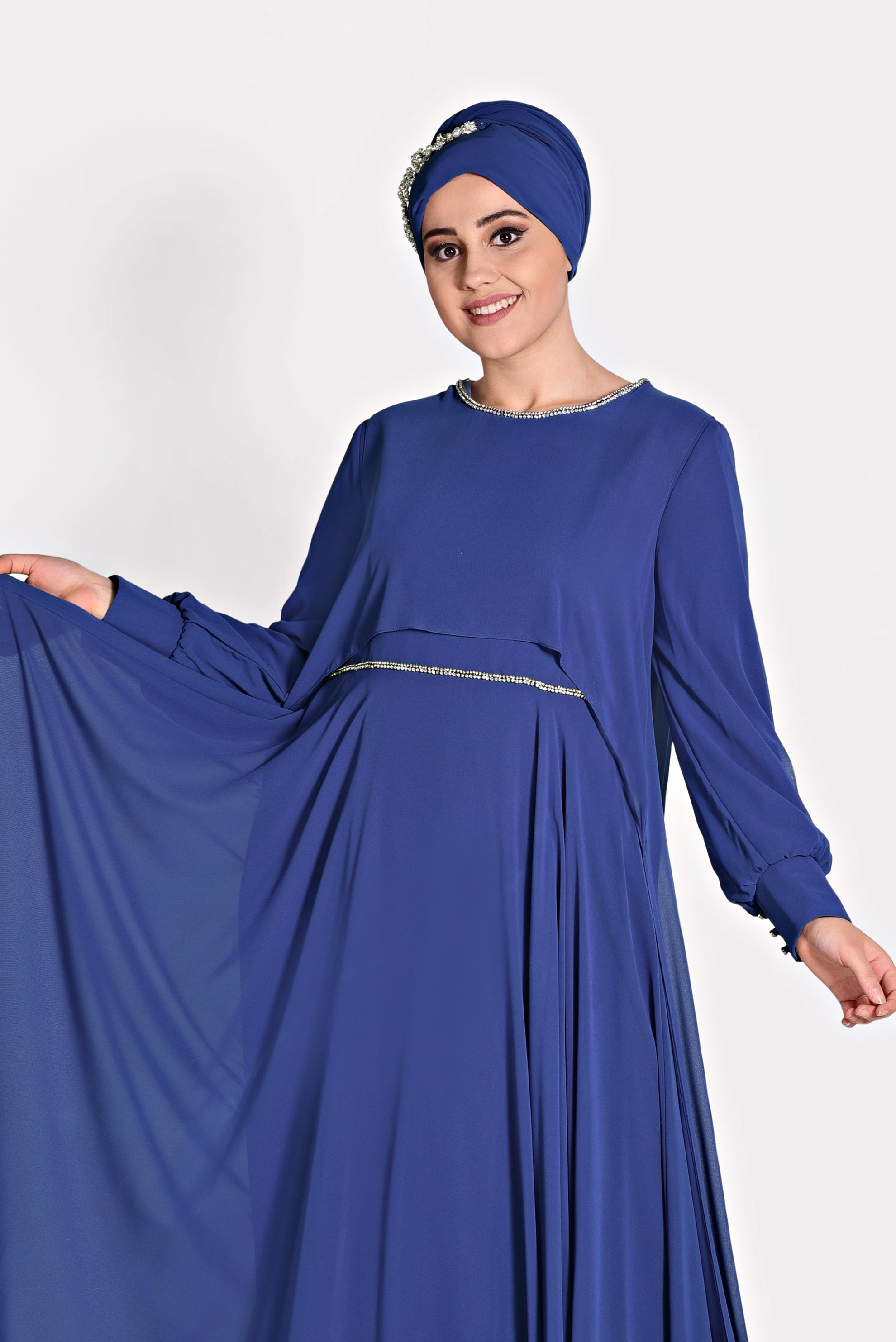 Tesettür giyim LACİVERT TAŞ DETAYLI ŞİFON İKİLİ ABİYE ELBİSE 5323