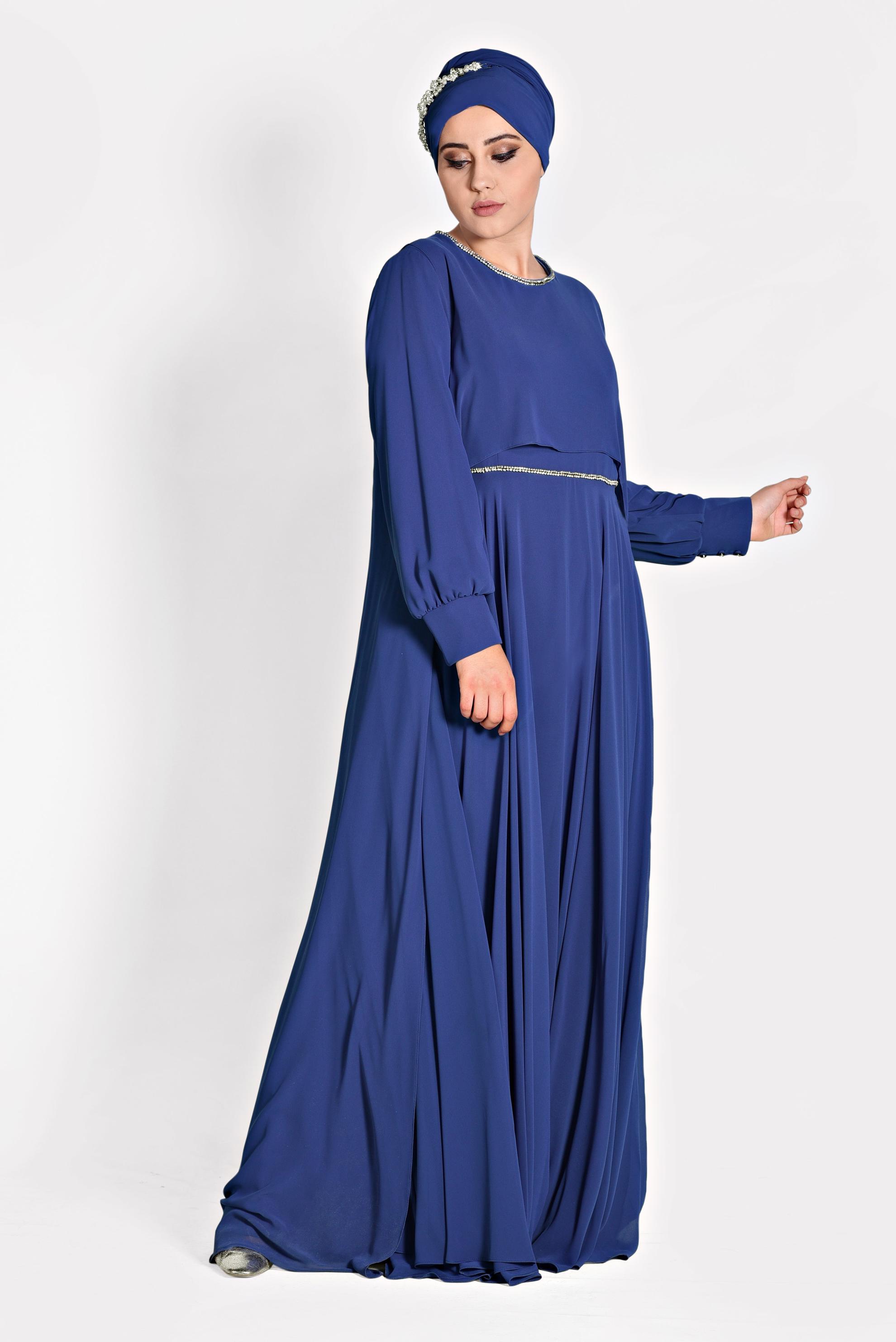 Tesettür giyim LACİVERT TAŞ DETAYLI ŞİFON İKİLİ ABİYE ELBİSE 5323