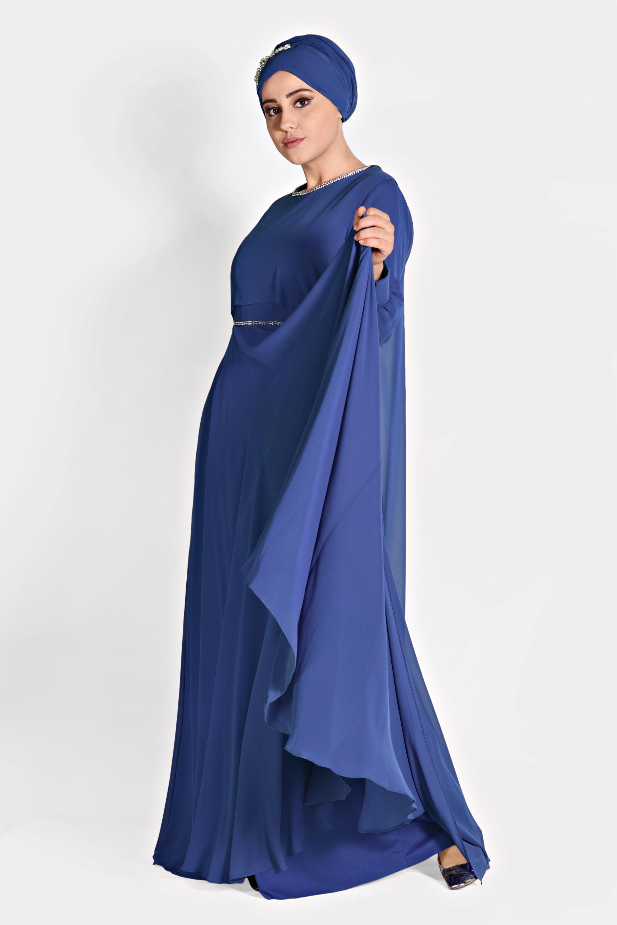 Tesettür giyim LACİVERT TAŞ DETAYLI ŞİFON İKİLİ ABİYE ELBİSE 5323