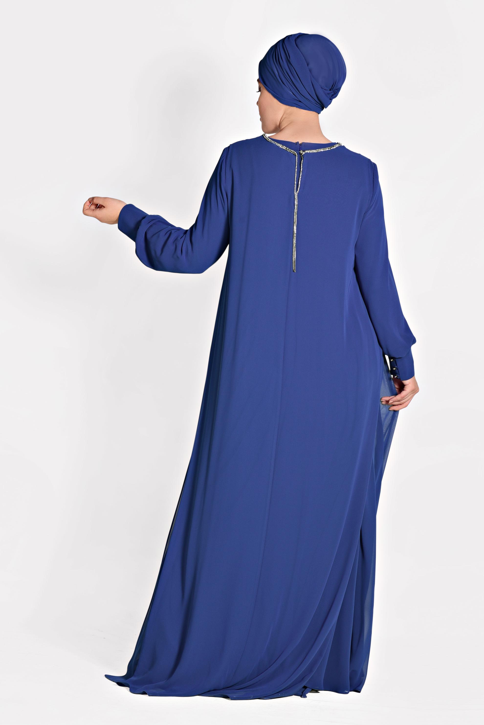 Tesettür giyim LACİVERT TAŞ DETAYLI ŞİFON İKİLİ ABİYE ELBİSE 5323