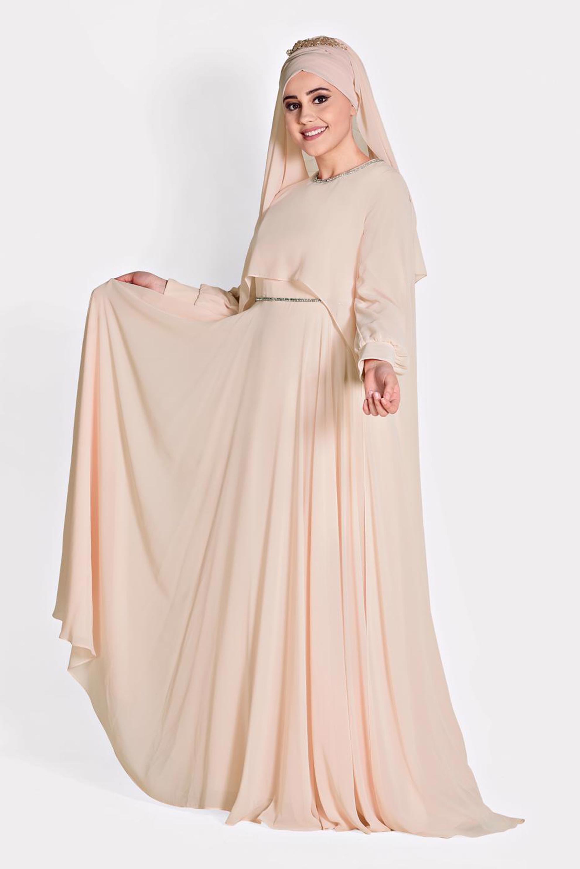 Tesettür giyim PUDRA TAŞ DETAYLI ŞİFON İKİLİ ABİYE ELBİSE 5323