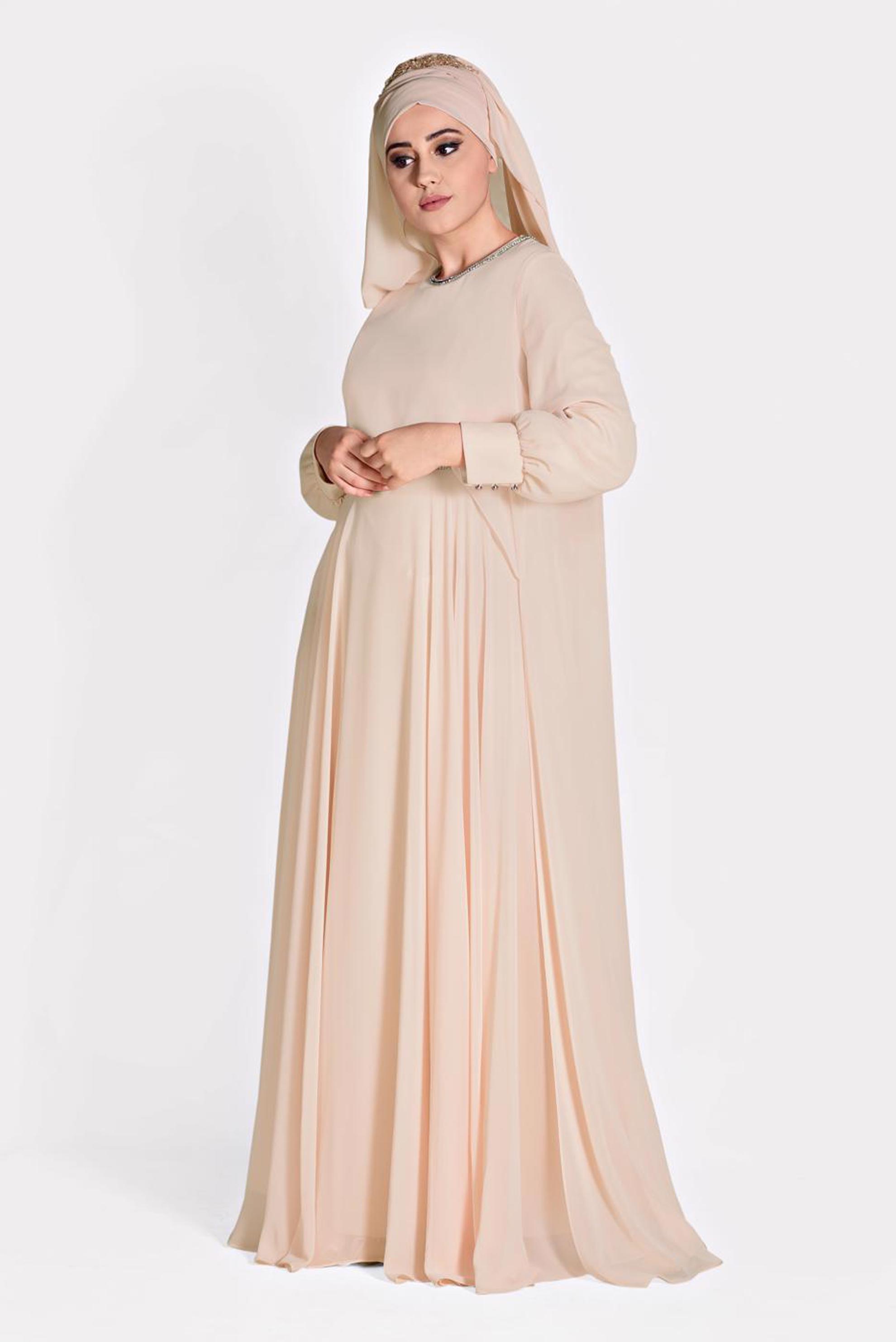 Tesettür giyim PUDRA TAŞ DETAYLI ŞİFON İKİLİ ABİYE ELBİSE 5323