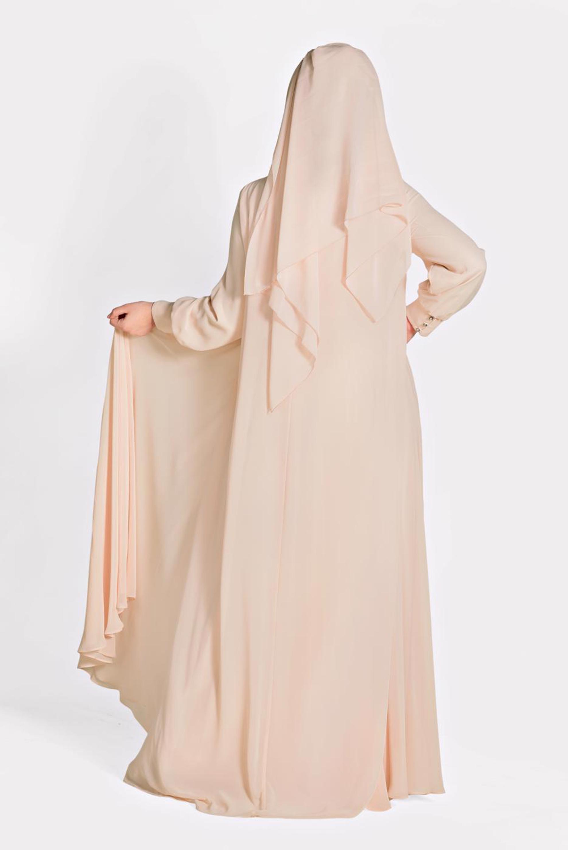 Tesettür giyim PUDRA TAŞ DETAYLI ŞİFON İKİLİ ABİYE ELBİSE 5323
