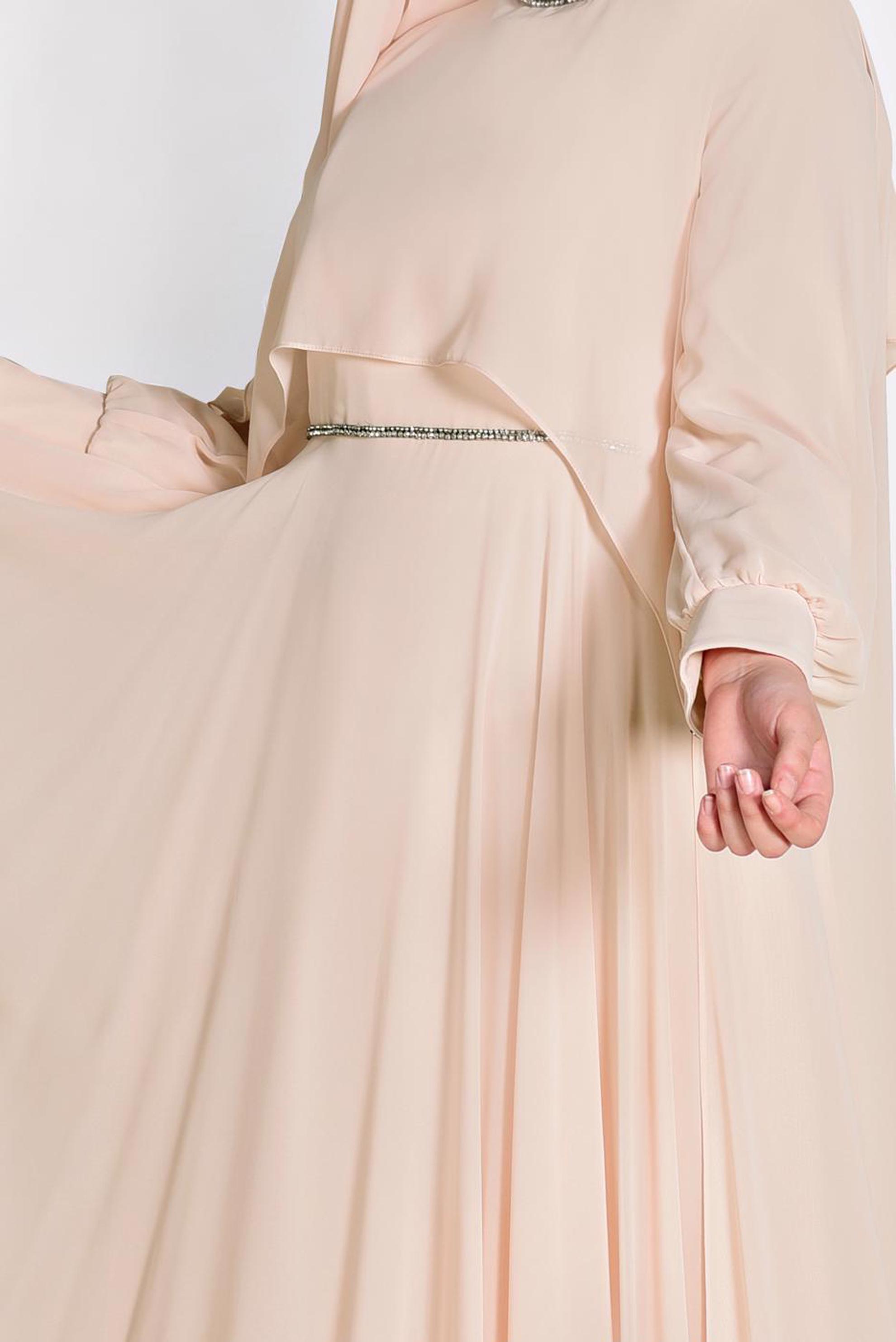 Tesettür giyim PUDRA TAŞ DETAYLI ŞİFON İKİLİ ABİYE ELBİSE 5323
