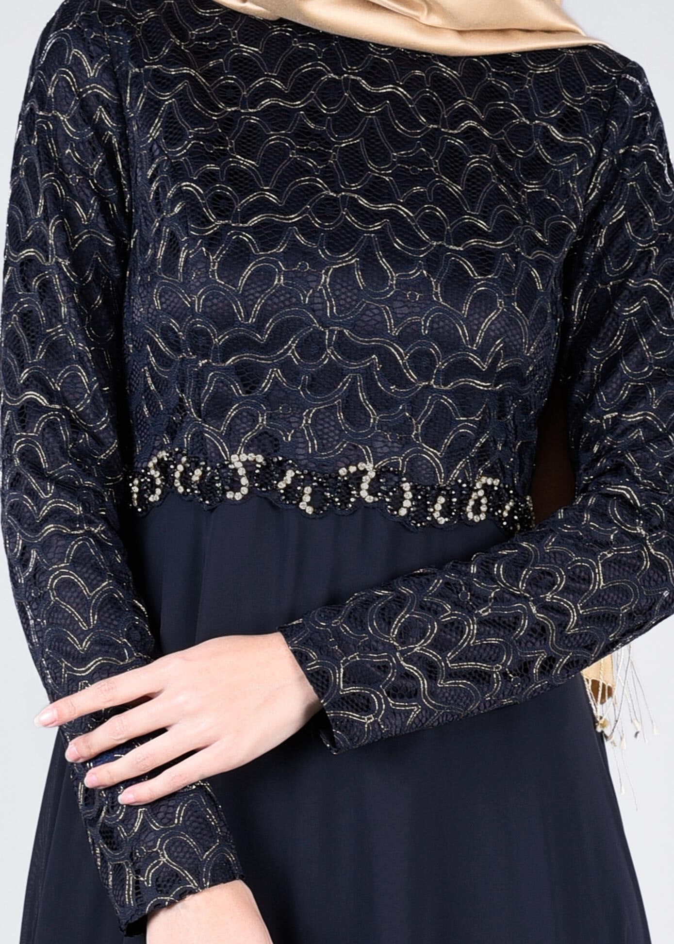 Tesettür giyim LACİVERT TAŞ DETAYLI ABİYE ELBİSE 5327