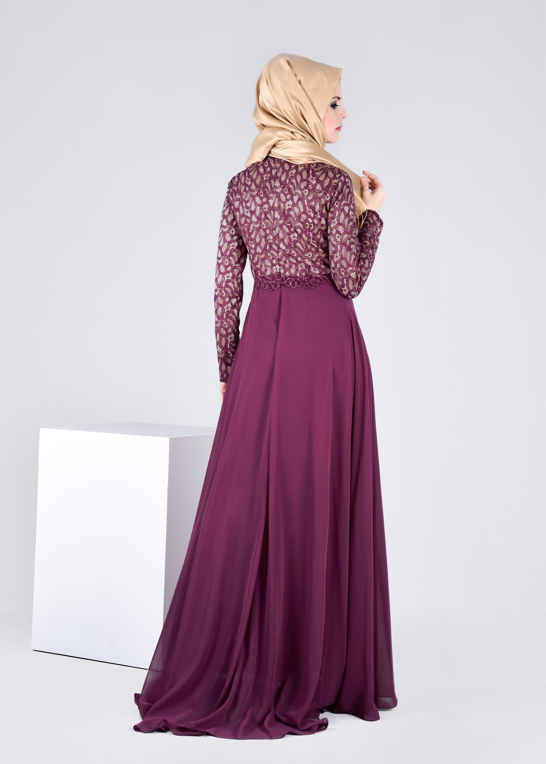 Tesettür giyim MOR TAŞ DETAYLI ABİYE ELBİSE 5327