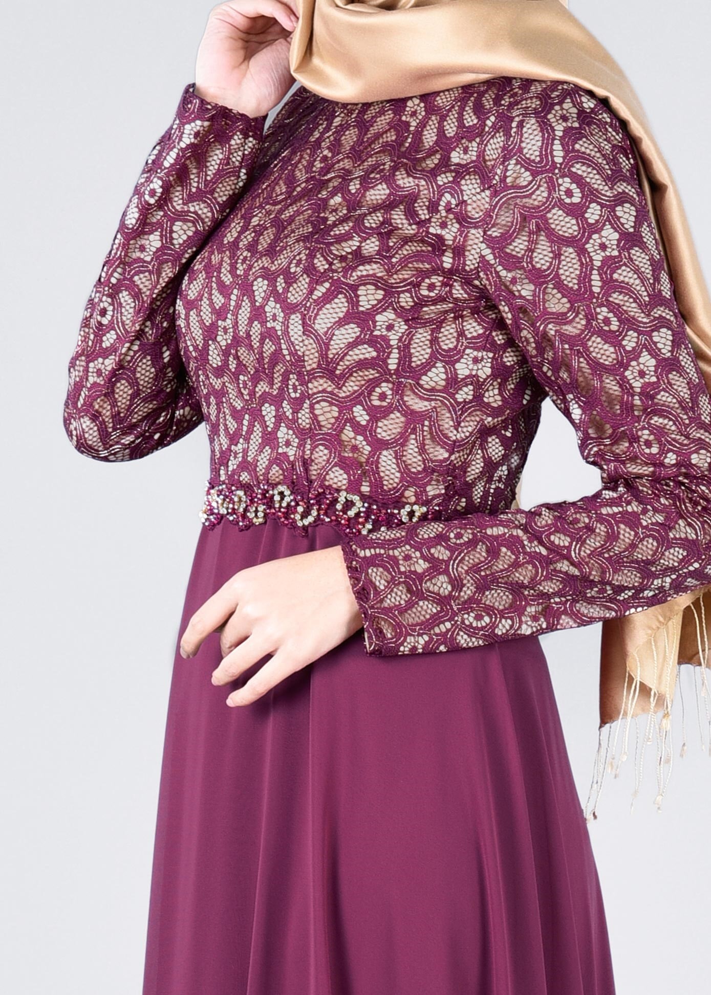 Tesettür giyim MOR TAŞ DETAYLI ABİYE ELBİSE 5327