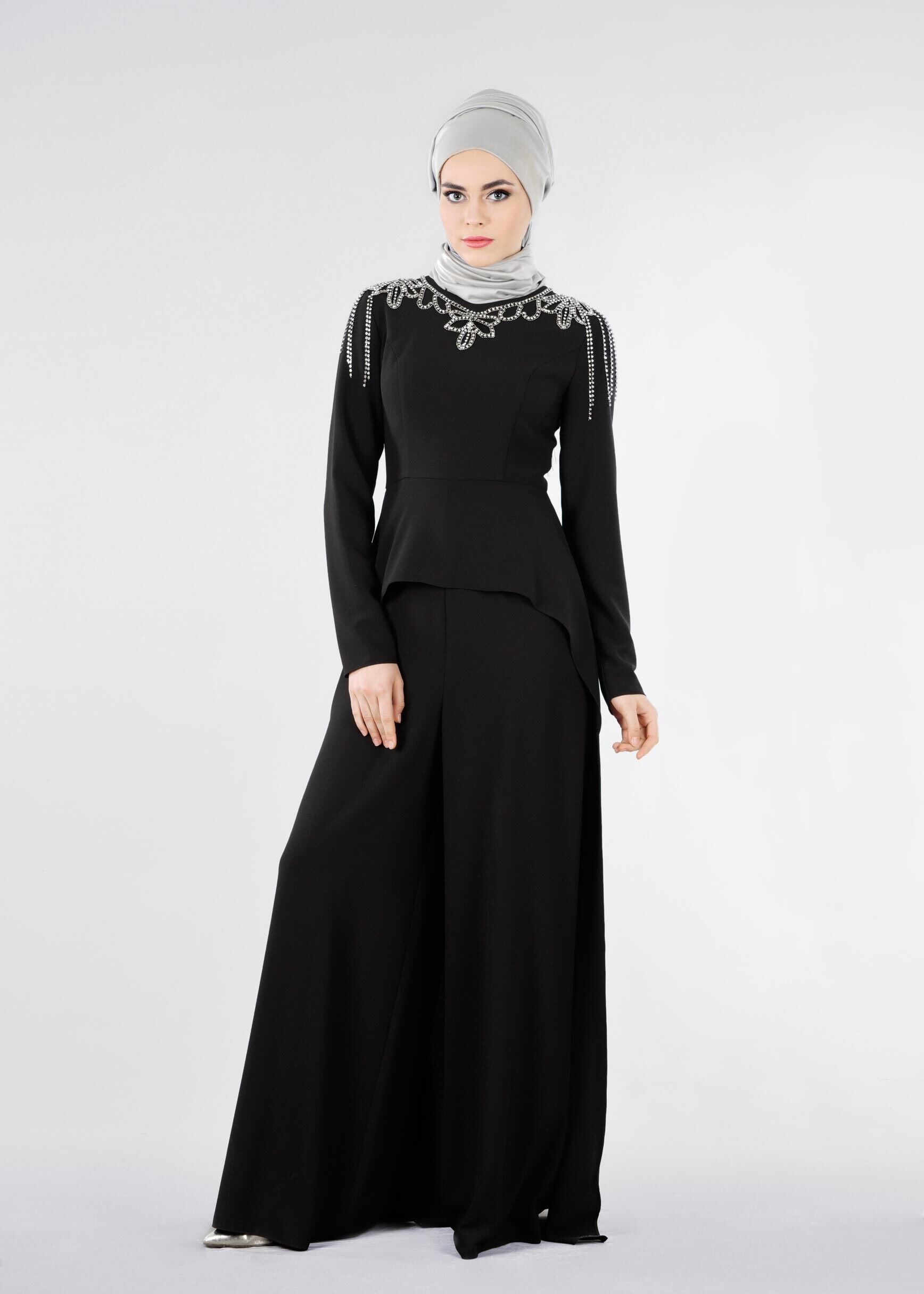 Tesettür giyim SİYAH TAŞ İŞLEMELİ ABİYE TULUM 5334