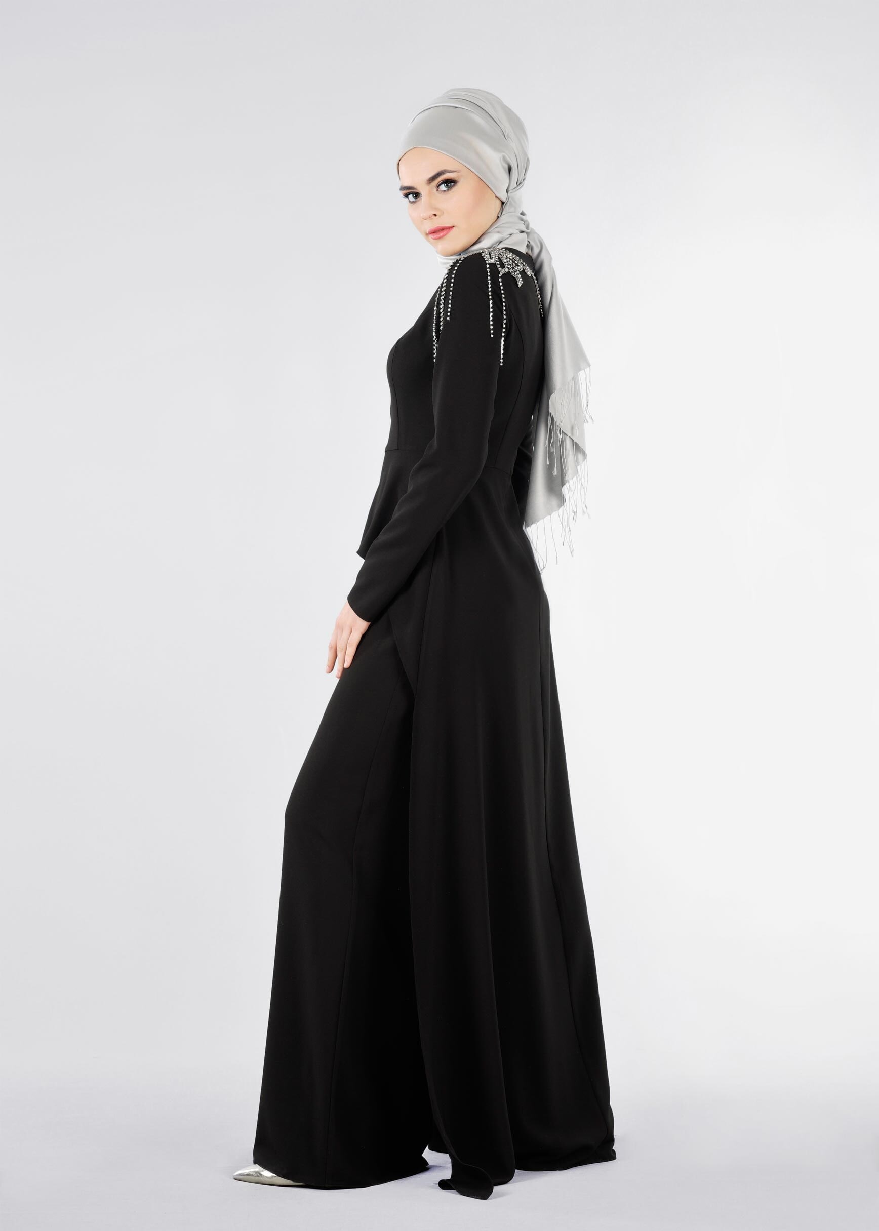 Tesettür giyim SİYAH TAŞ İŞLEMELİ ABİYE TULUM 5334
