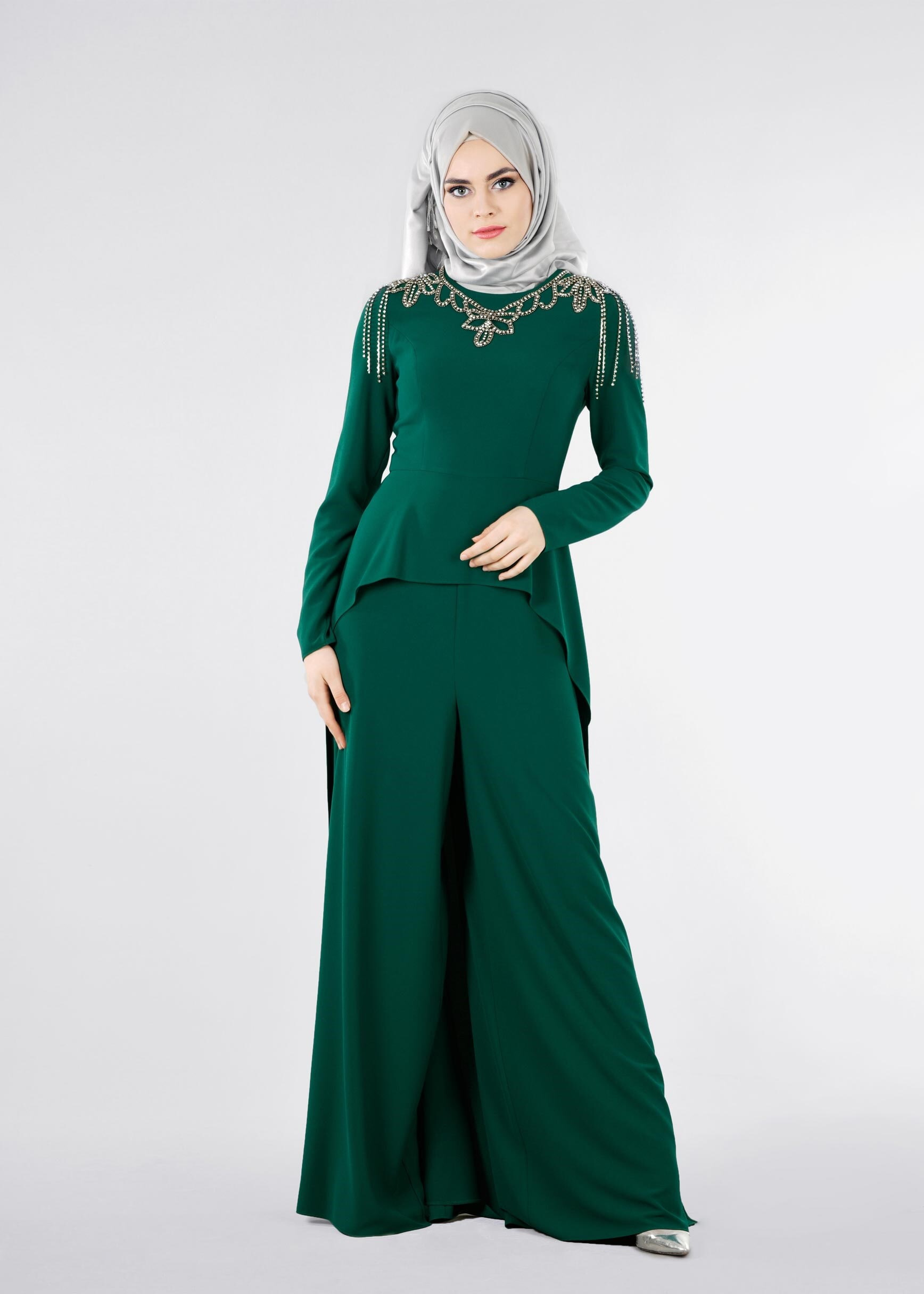 Tesettür giyim YEŞİL TAŞ İŞLEMELİ ABİYE TULUM 5334