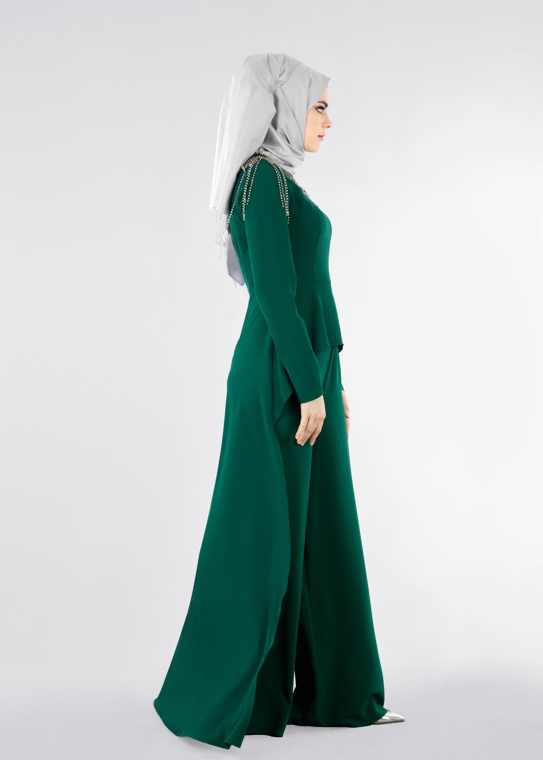 Tesettür giyim YEŞİL TAŞ İŞLEMELİ ABİYE TULUM 5334