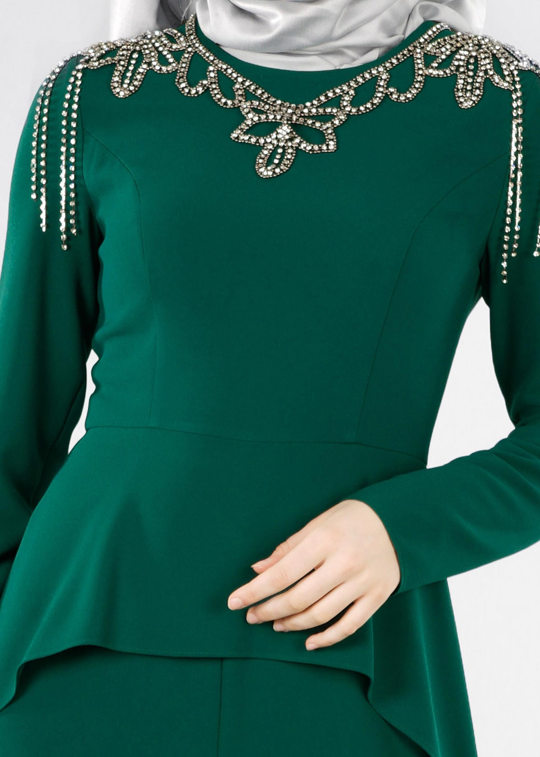 Tesettür giyim YEŞİL TAŞ İŞLEMELİ ABİYE TULUM 5334