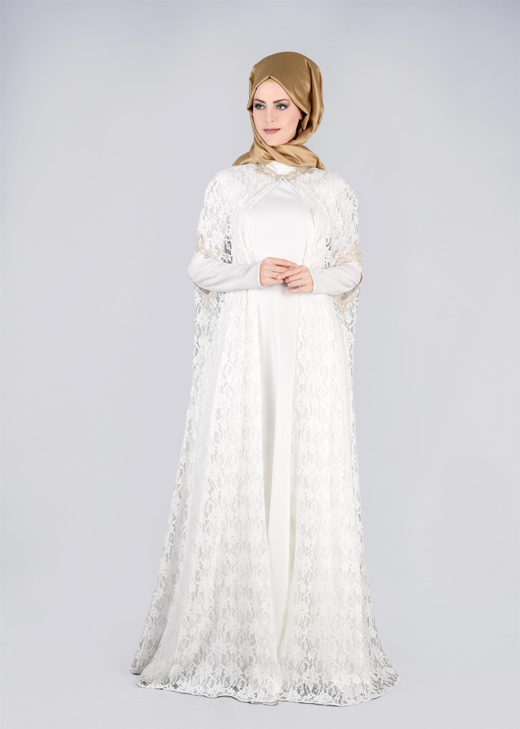 Tesettür giyim BEYAZ 5339 MDD 1091 2&prime;Lİ ELBİSELİ ABİYE 38/42