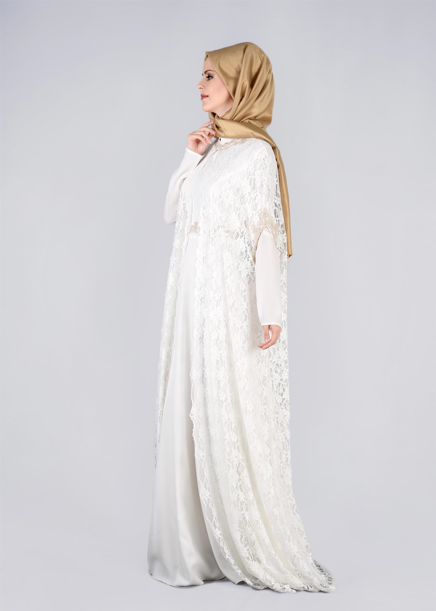 Tesettür giyim BEYAZ 5339 MDD 1091 2&prime;Lİ ELBİSELİ ABİYE 38/42