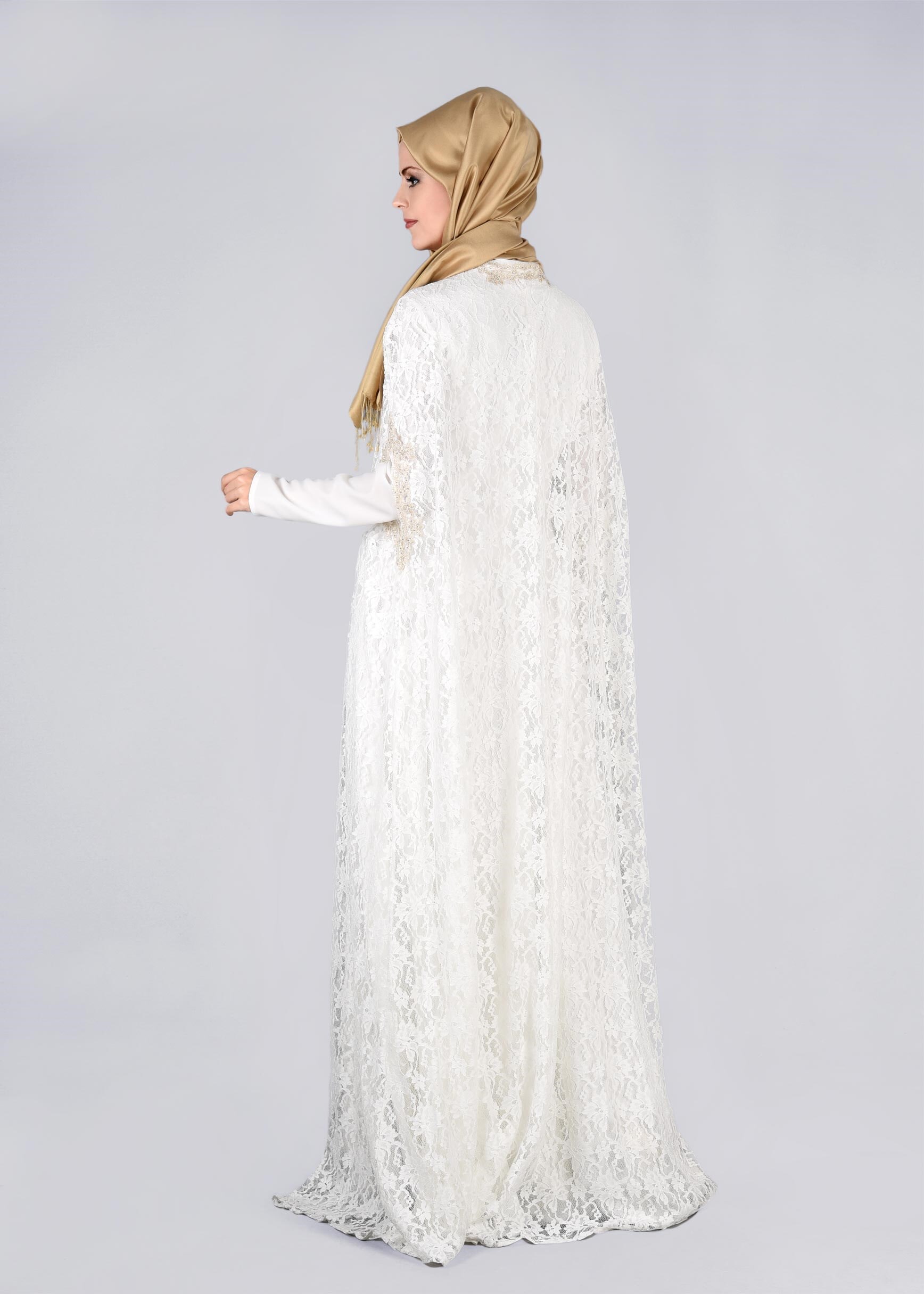 Tesettür giyim BEYAZ 5339 MDD 1091 2&prime;Lİ ELBİSELİ ABİYE 38/42