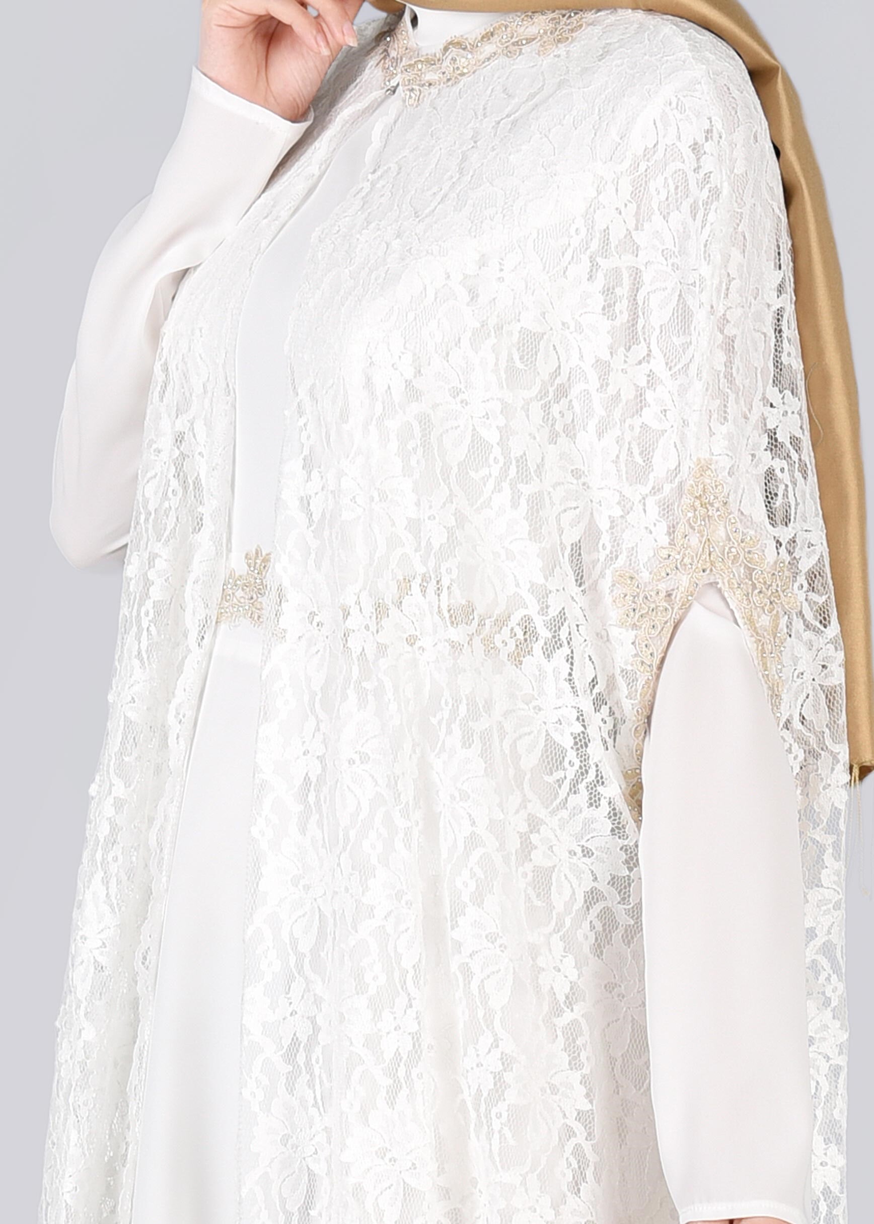 Tesettür giyim BEYAZ 5339 MDD 1091 2&prime;Lİ ELBİSELİ ABİYE 38/42