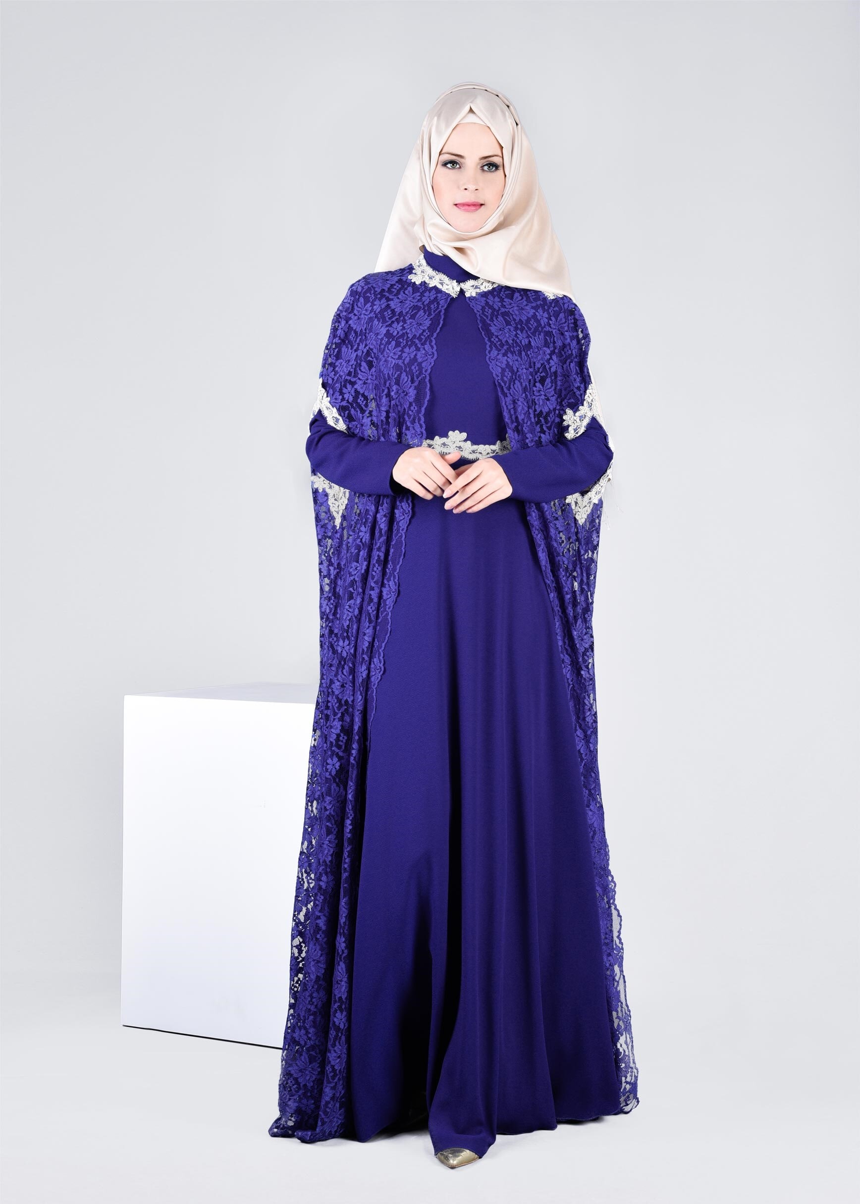 Tesettür giyim LACİVERT 5339 MDD 1091 2&prime;Lİ ELBİSELİ ABİYE 38/42