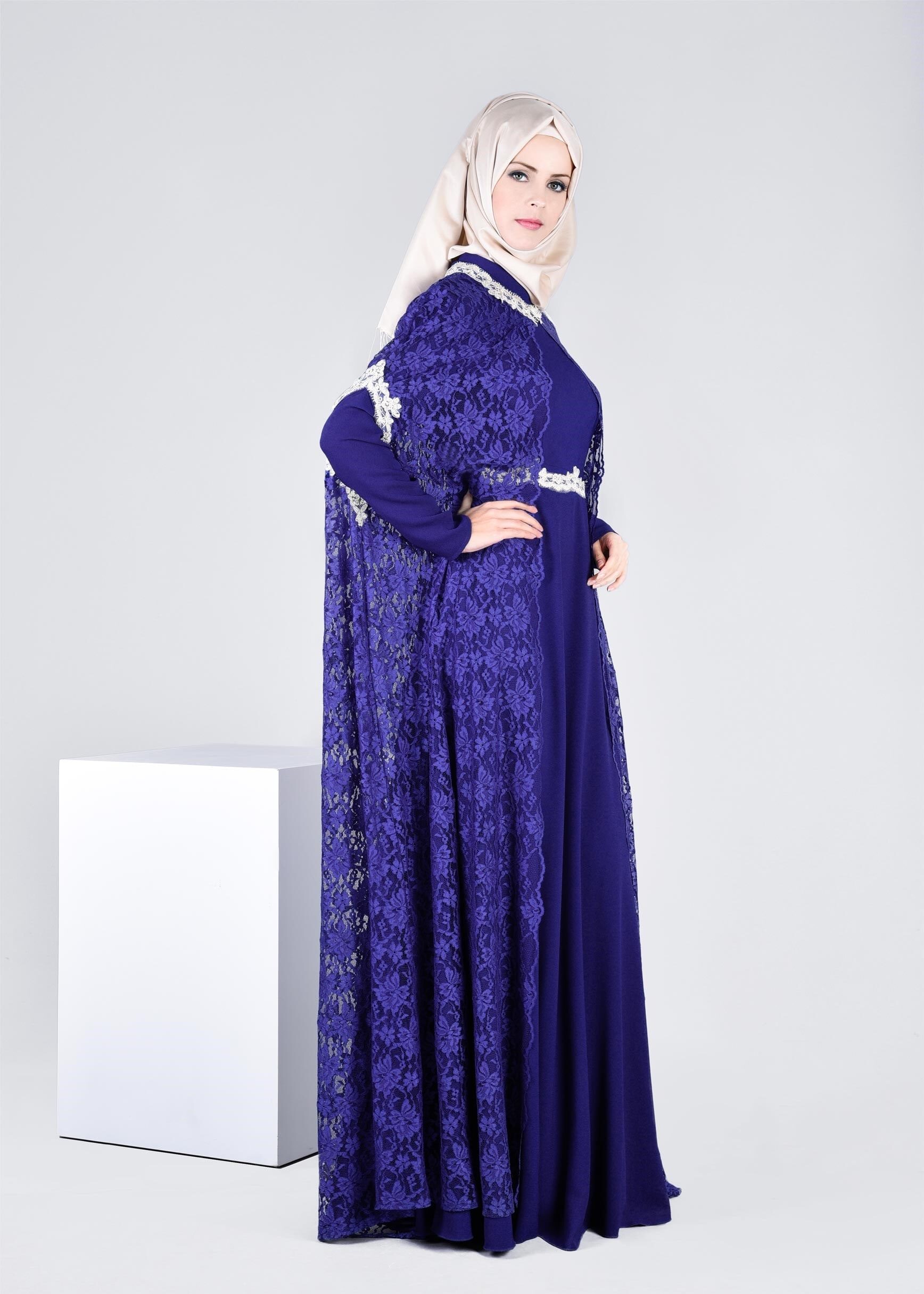 Tesettür giyim LACİVERT 5339 MDD 1091 2&prime;Lİ ELBİSELİ ABİYE 38/42