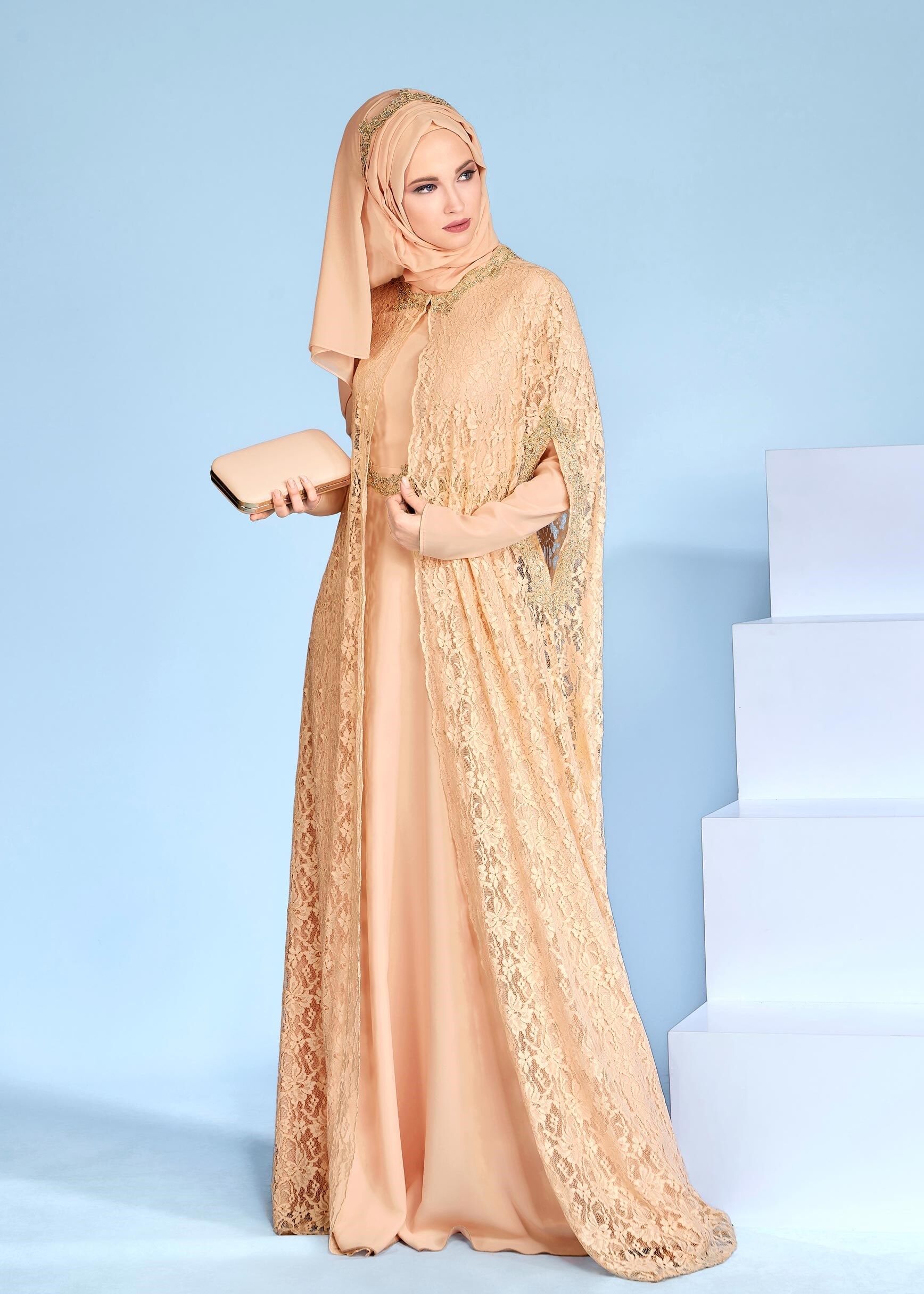 Tesettür giyim PUDRA 5339 MDD 1091 2&prime;Lİ ELBİSELİ ABİYE 38/42