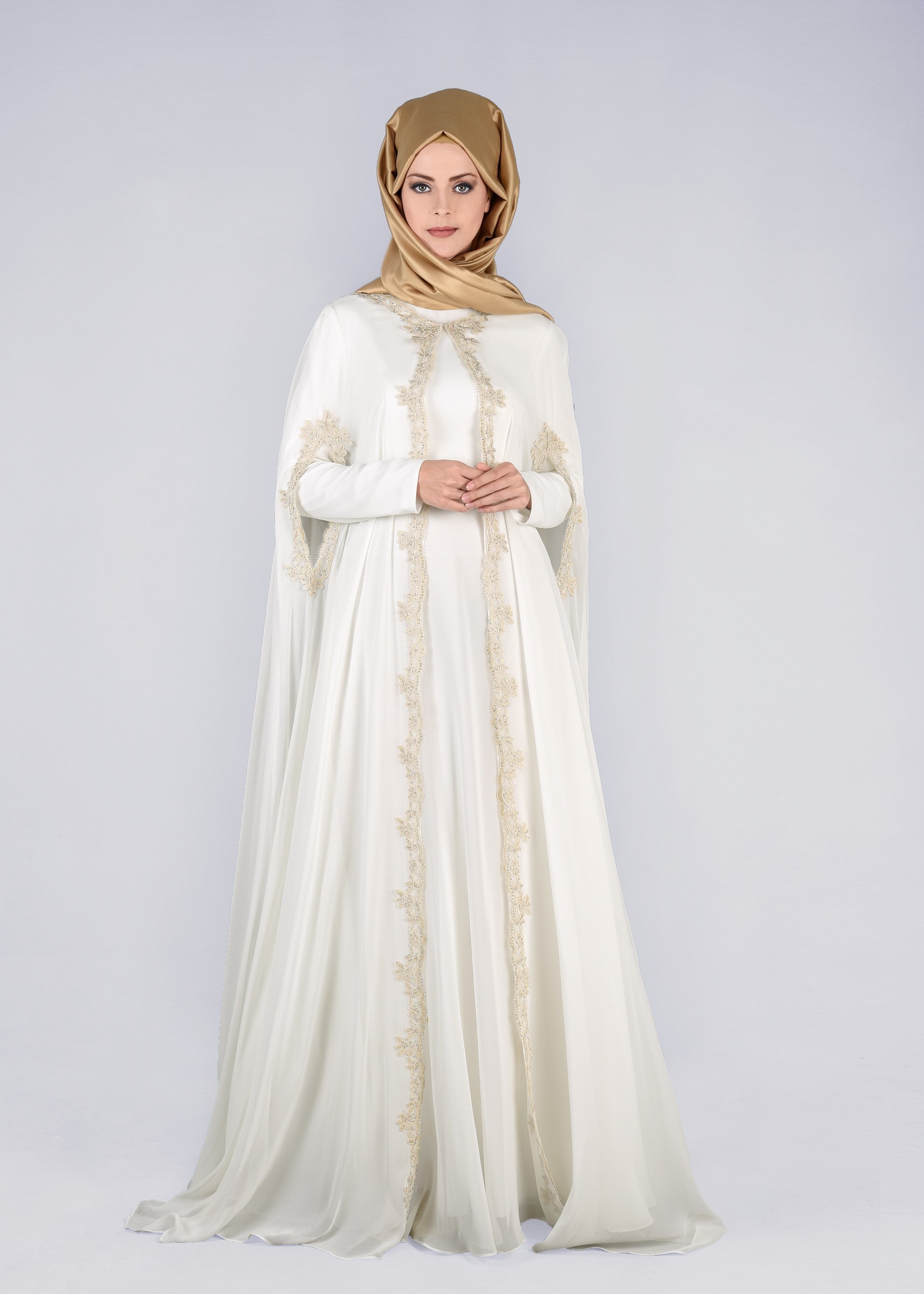 Tesettür giyim BEYAZ 5342 NEW M.ŞİFON 2&prime;Lİ ELBİSELİ ABİYE 38/42 TEK38