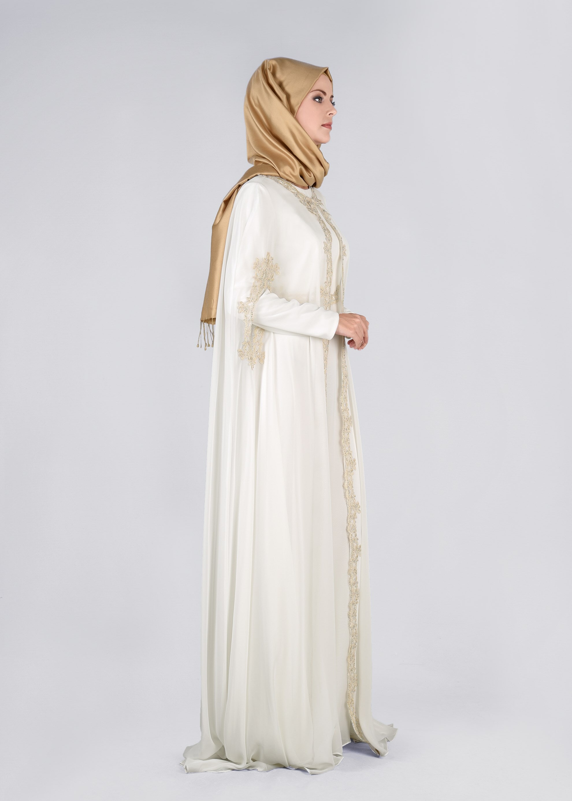 Tesettür giyim BEYAZ 5342 NEW M.ŞİFON 2&prime;Lİ ELBİSELİ ABİYE 38/42 TEK38