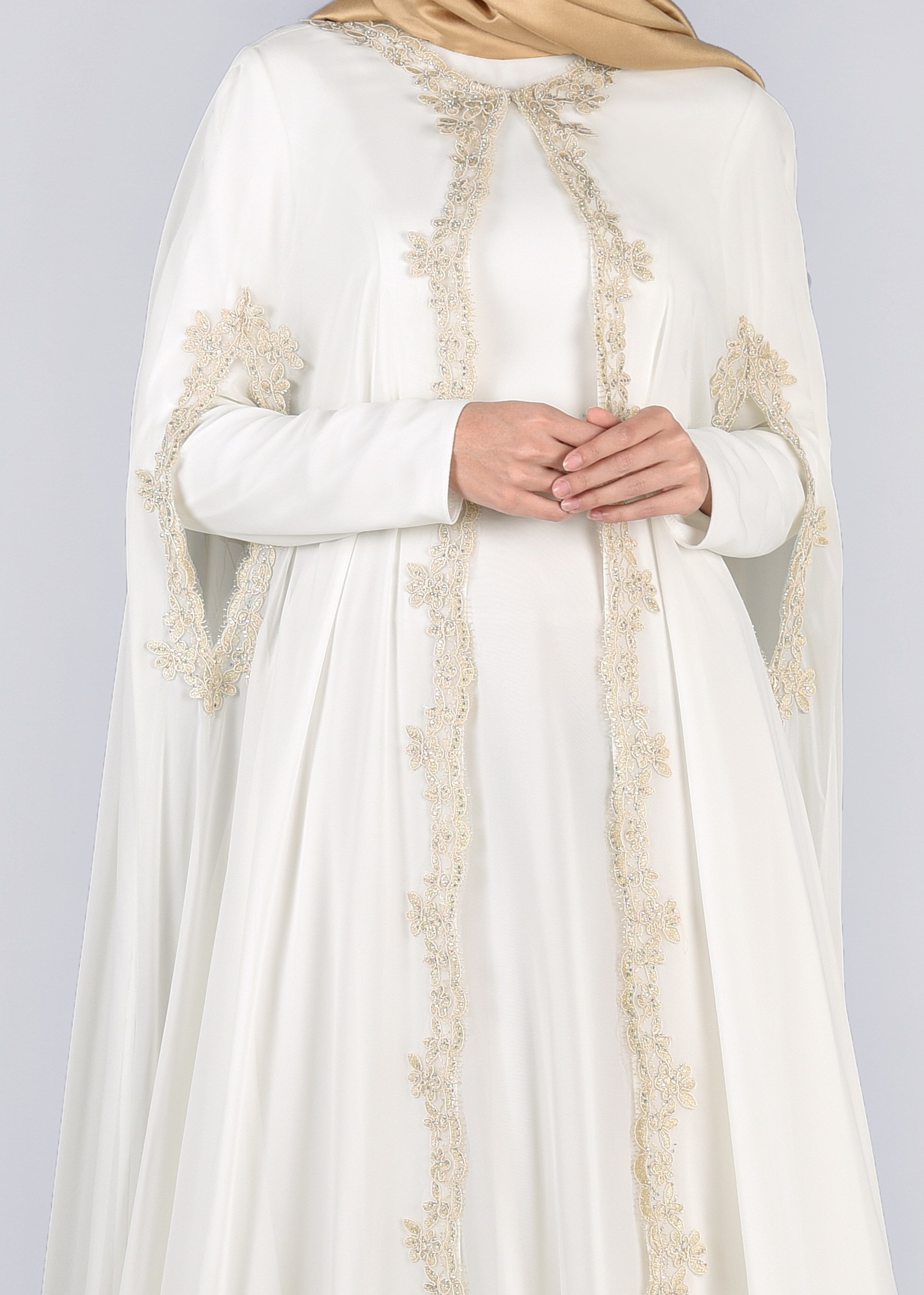 Tesettür giyim BEYAZ 5342 NEW M.ŞİFON 2&prime;Lİ ELBİSELİ ABİYE 38/42 TEK38