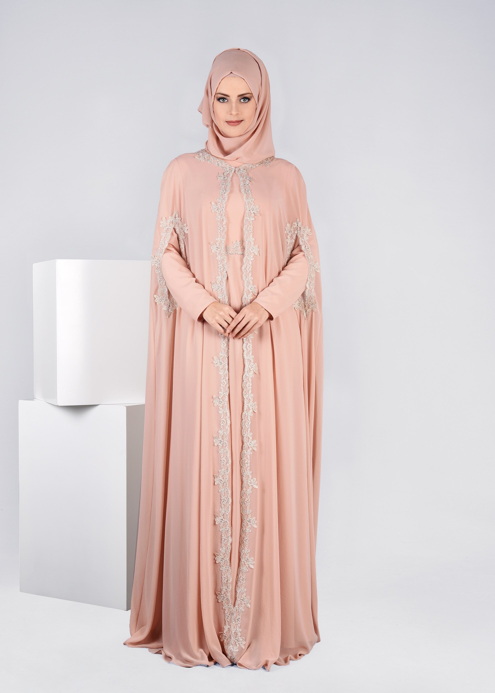 Tesettür giyim PUDRA 5342 NEW M.ŞİFON 2&prime;Lİ ELBİSELİ ABİYE 38/42 TEK38