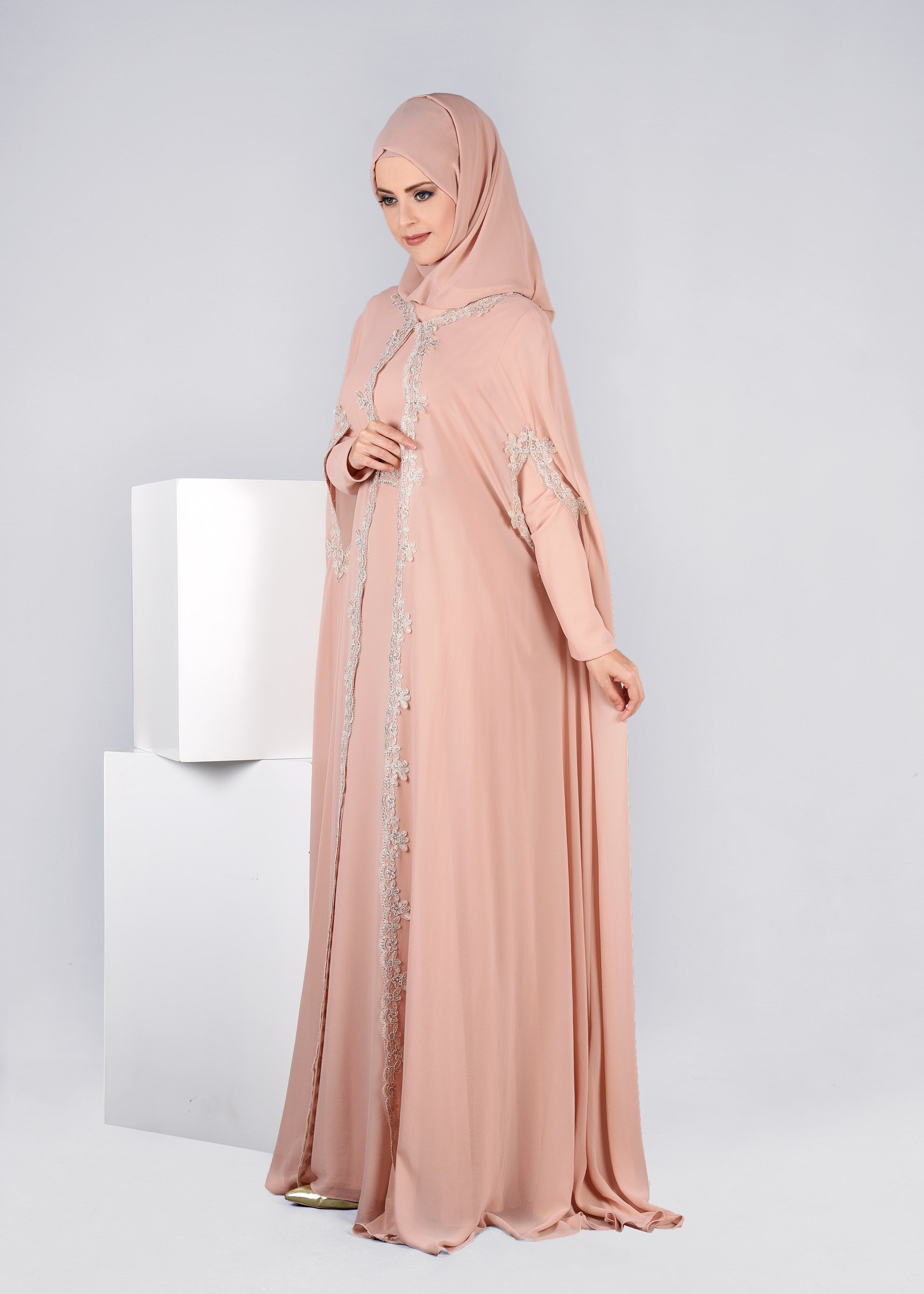 Tesettür giyim PUDRA 5342 NEW M.ŞİFON 2&prime;Lİ ELBİSELİ ABİYE 38/42 TEK38