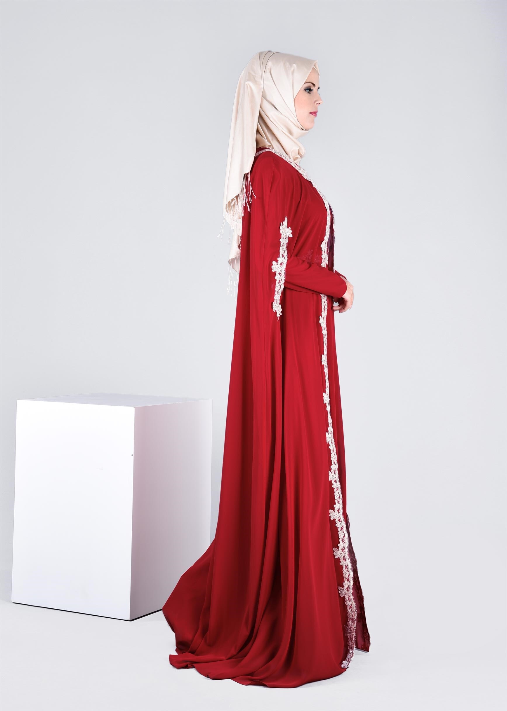 Tesettür giyim BORDO 5342 NEW M.ŞİFON 2&prime;Lİ ELBİSELİ ABİYE 38/42 TEK38