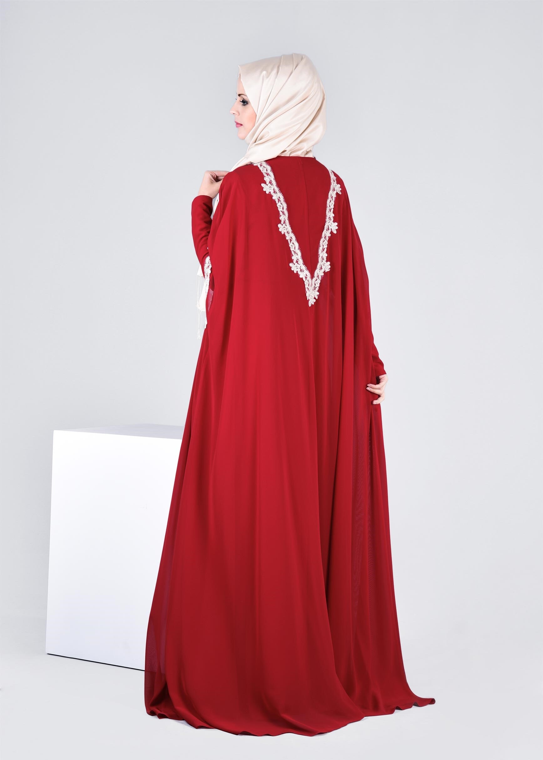 Tesettür giyim BORDO 5342 NEW M.ŞİFON 2&prime;Lİ ELBİSELİ ABİYE 38/42 TEK38