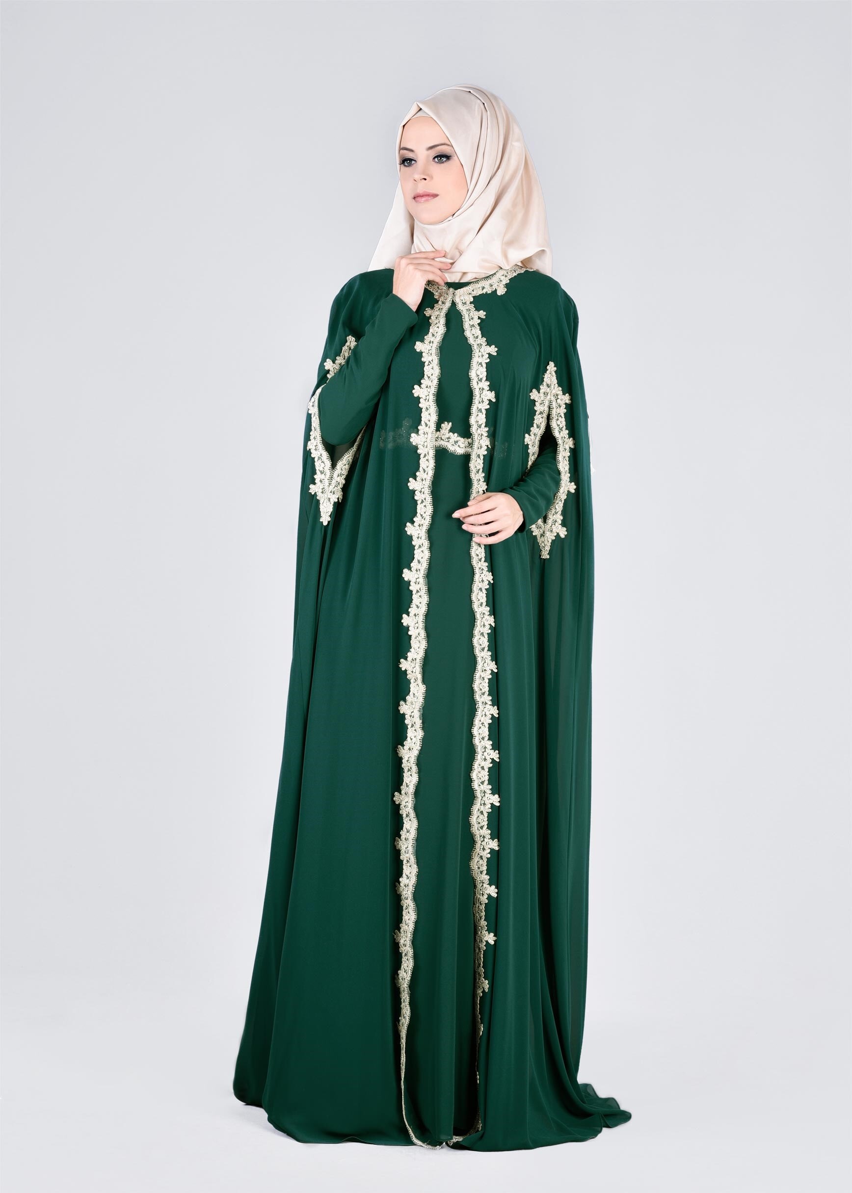 Tesettür giyim YEŞİL 5342 NEW M.ŞİFON 2&prime;Lİ ELBİSELİ ABİYE 38/42 TEK38