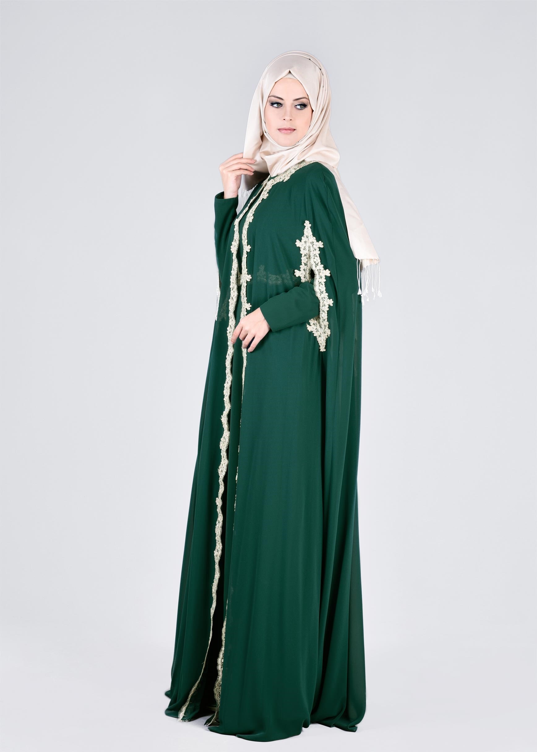 Tesettür giyim YEŞİL 5342 NEW M.ŞİFON 2&prime;Lİ ELBİSELİ ABİYE 38/42 TEK38