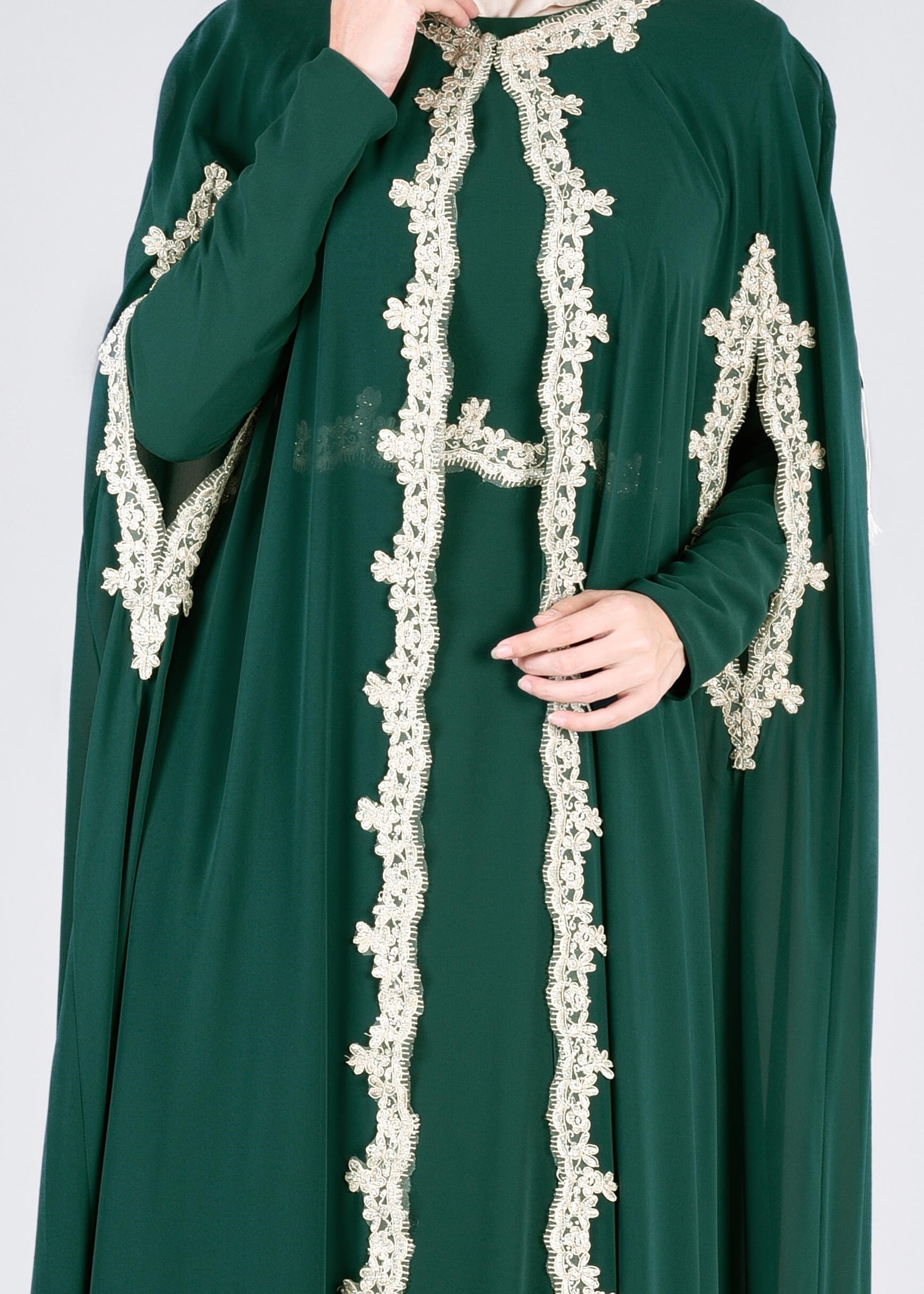 Tesettür giyim YEŞİL 5342 NEW M.ŞİFON 2&prime;Lİ ELBİSELİ ABİYE 38/42 TEK38