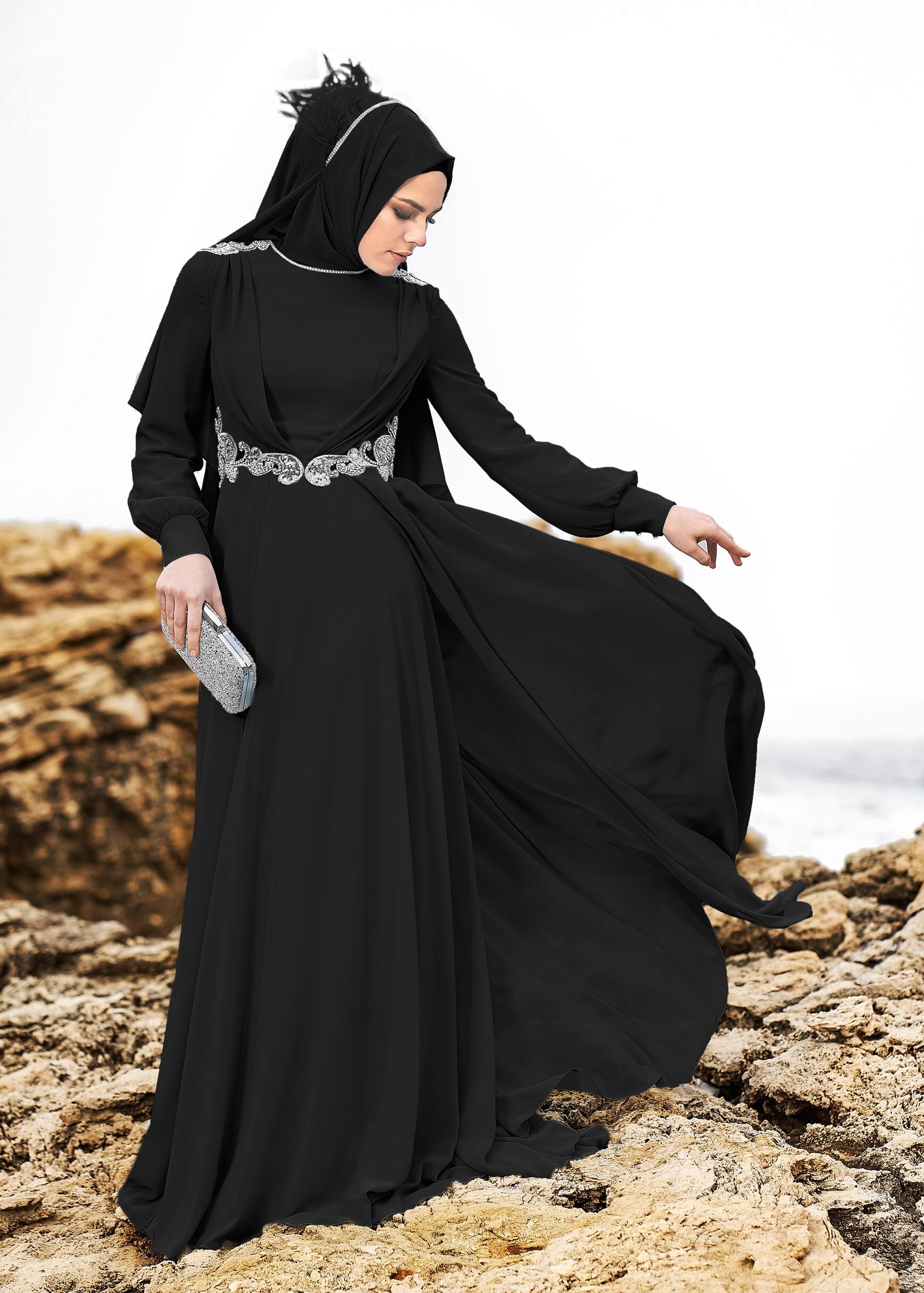 Tesettür giyim SİYAH 5349 NEW MULTİ ŞİFON ABİYE 38/42 TEK40