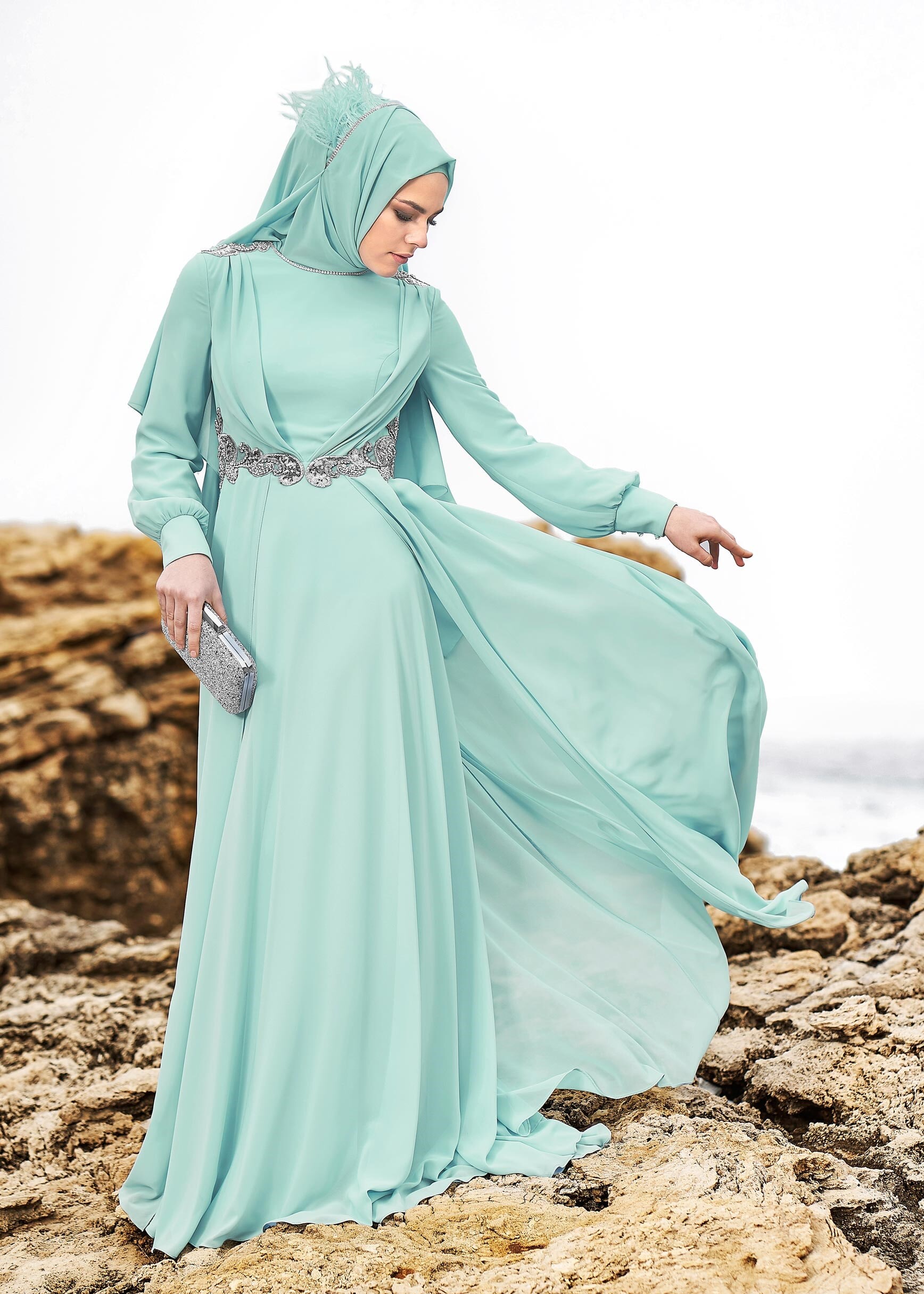 Tesettür giyim YEŞİL 5349 NEW MULTİ ŞİFON ABİYE 38/42 TEK40