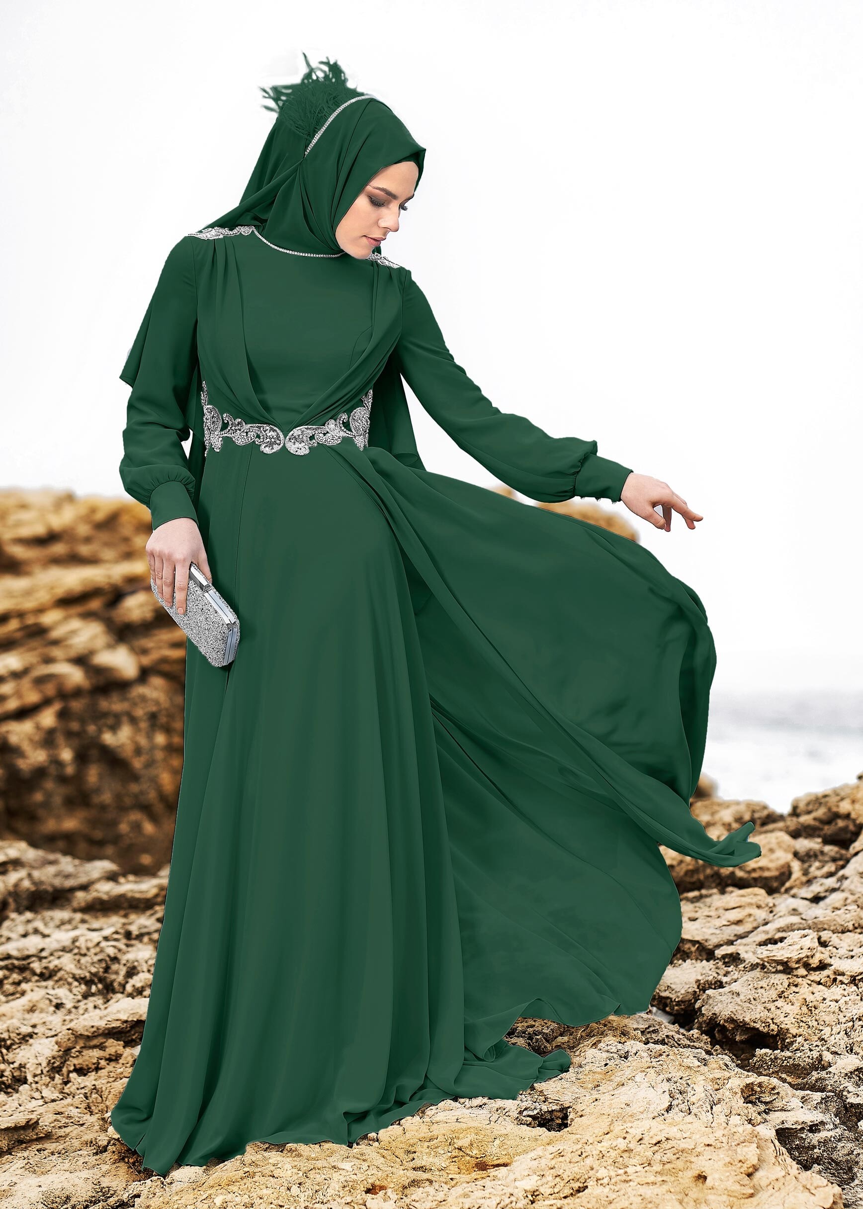 Tesettür giyim YEŞİL 5349 NEW MULTİ ŞİFON ABİYE 38/42 TEK40